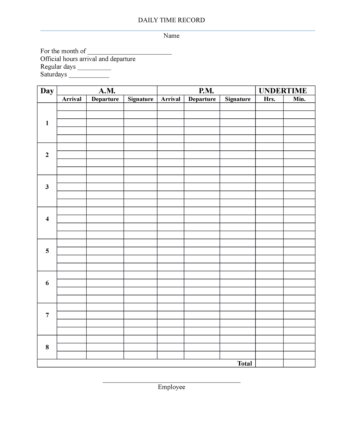 DTR DAILY TIME RECORD FORM For The Month Of 