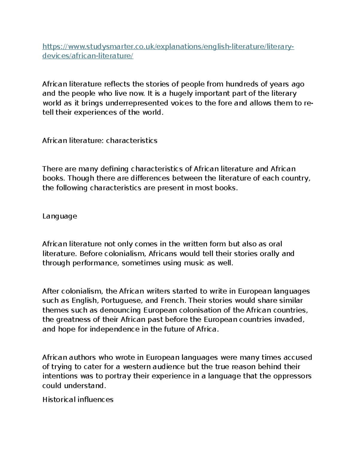 African Literature characteristics and themes Studocu