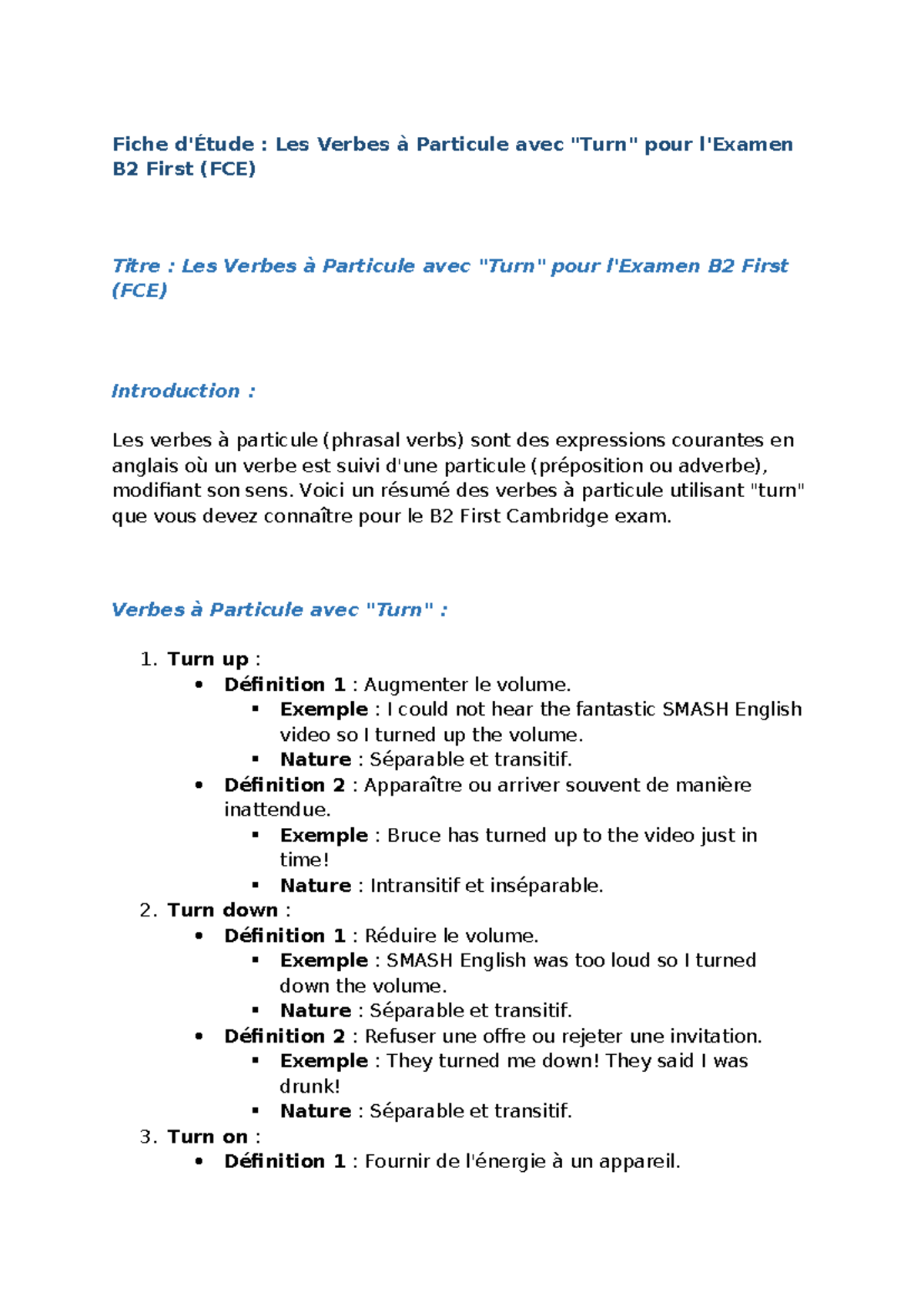 Les Verbes à Particule avec Turn Voici un résumé des verbes à — free download
