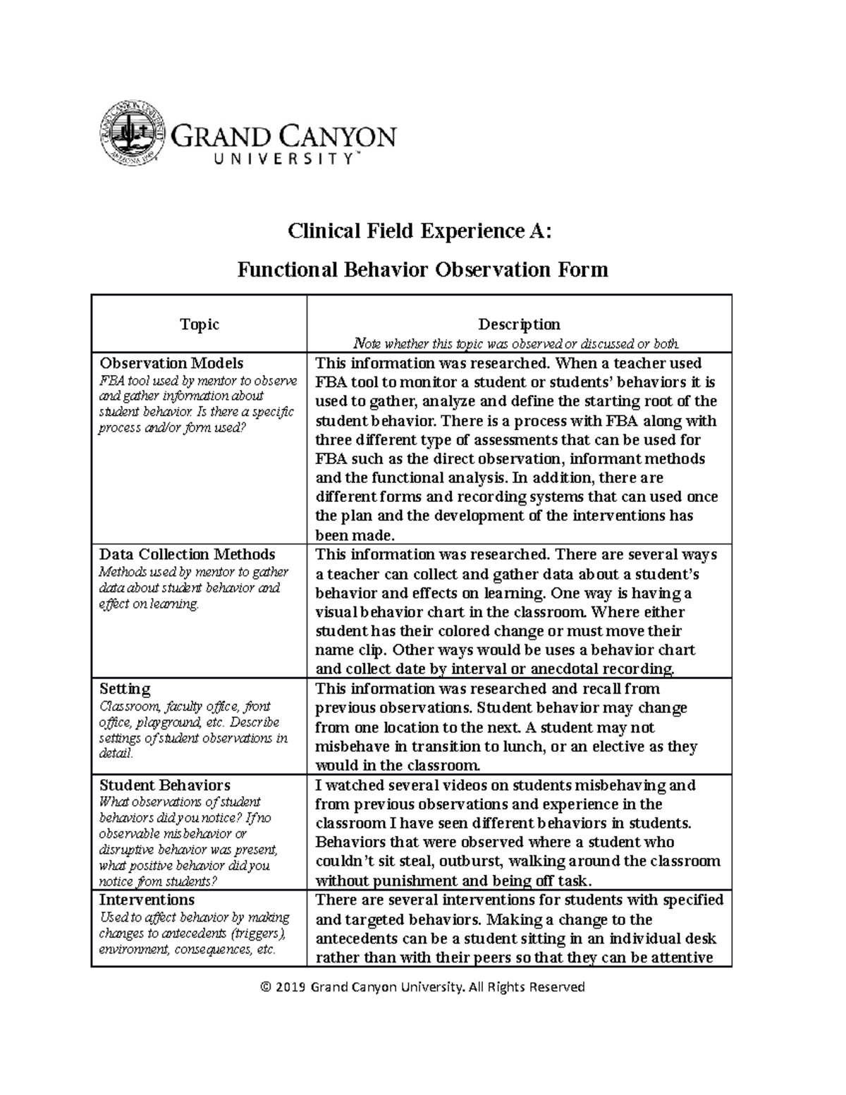 Clinical Field Experience A: Functional Behavior - Clinical Field ...