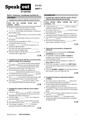 Practice Test U1-2 MOCK Answer Key - © 2023 Pearson PHOTOCOPIABLE 1 C1 ...