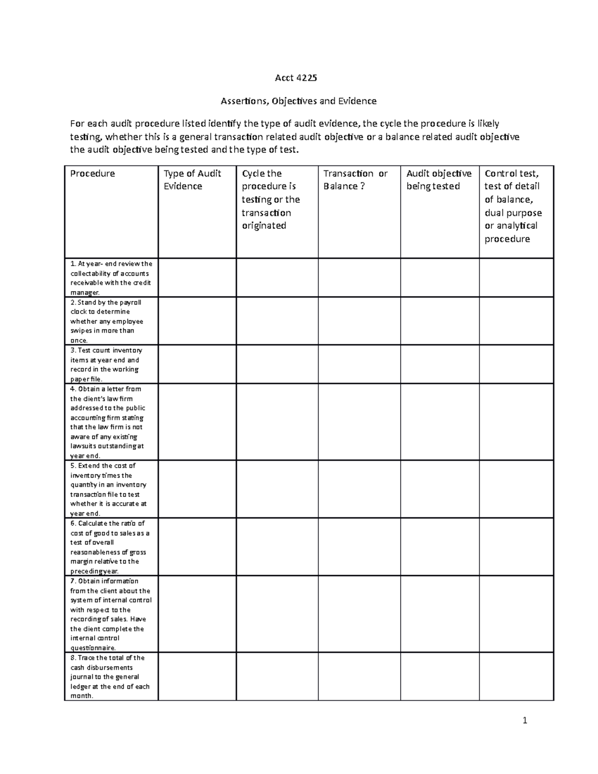 Mod 2 Practice problem, procedures, evidence, audit objective and type ...