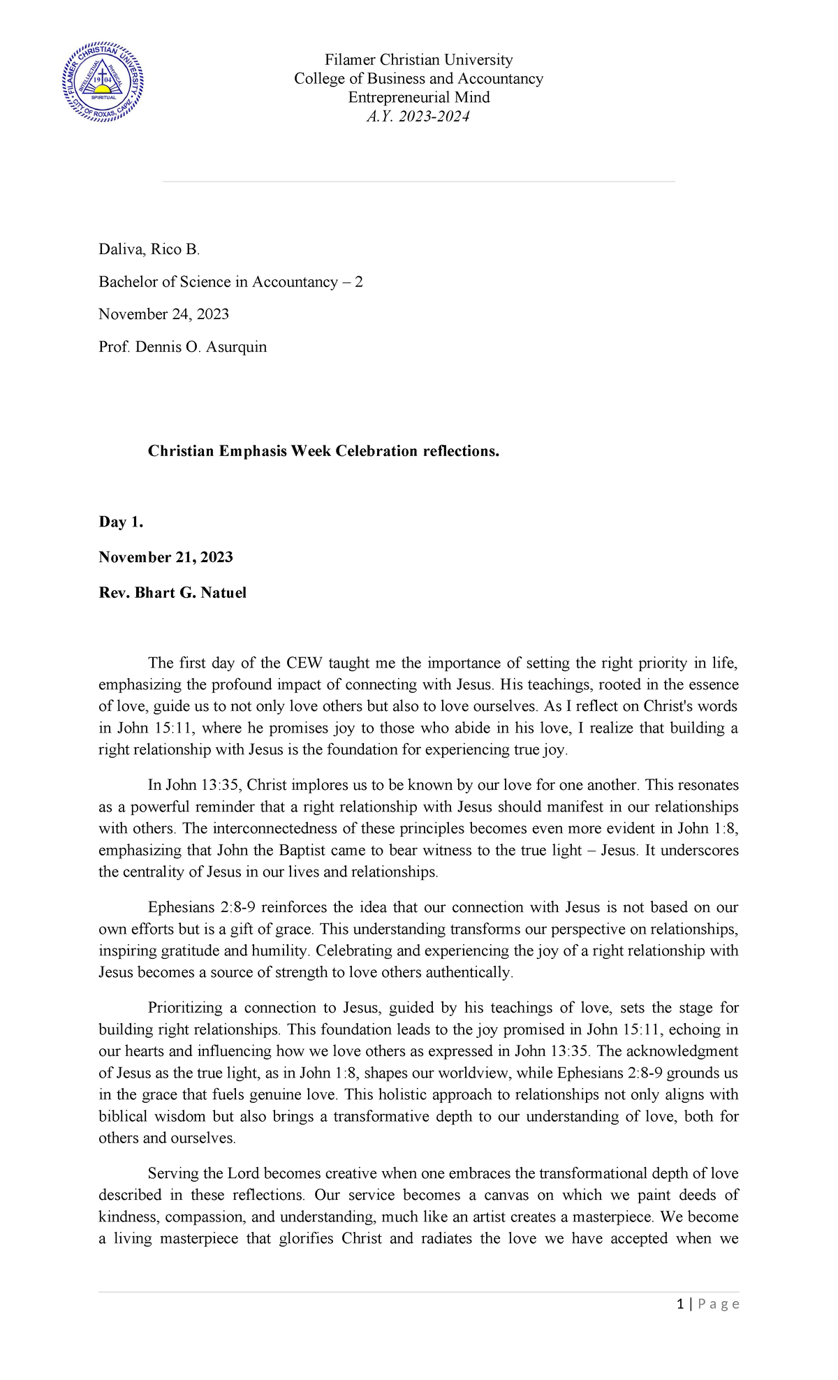 Daliva Bible 1 Final EXAM College of Business and Accountancy