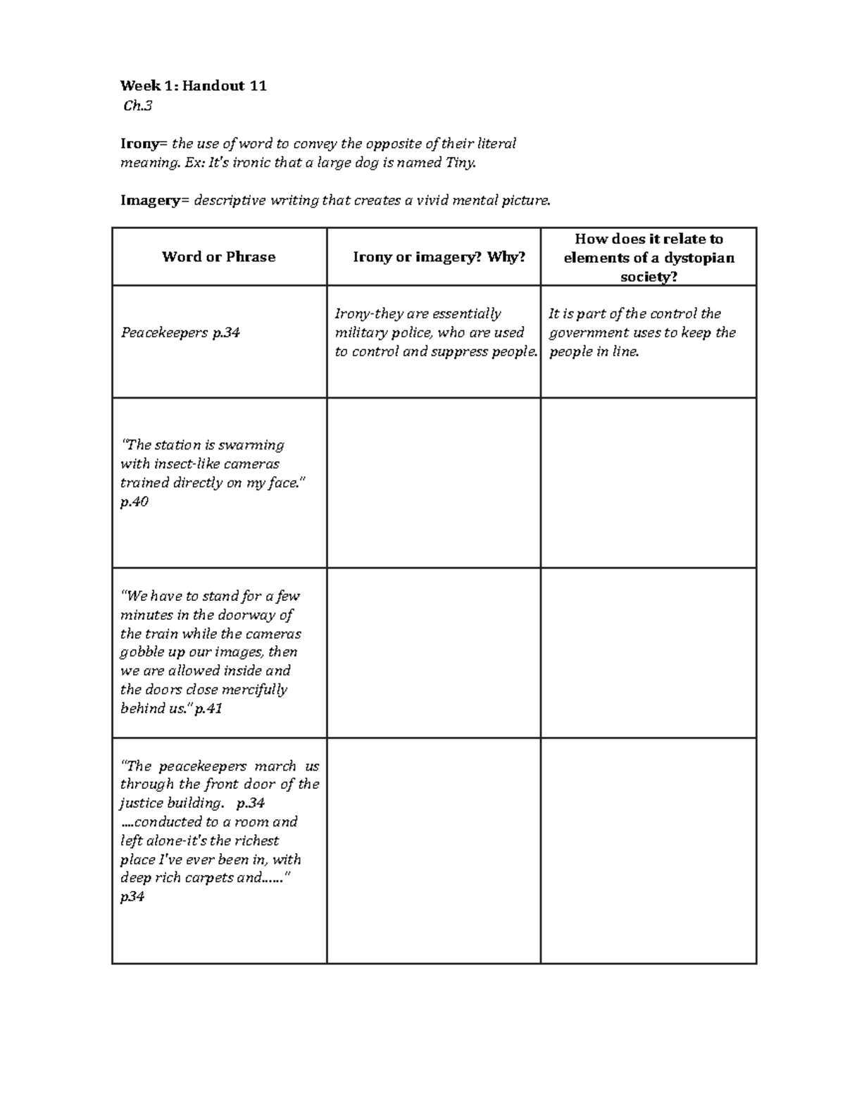Demetrius Moore imagery irony handout Week 1 Handout 11 Ch. Irony
