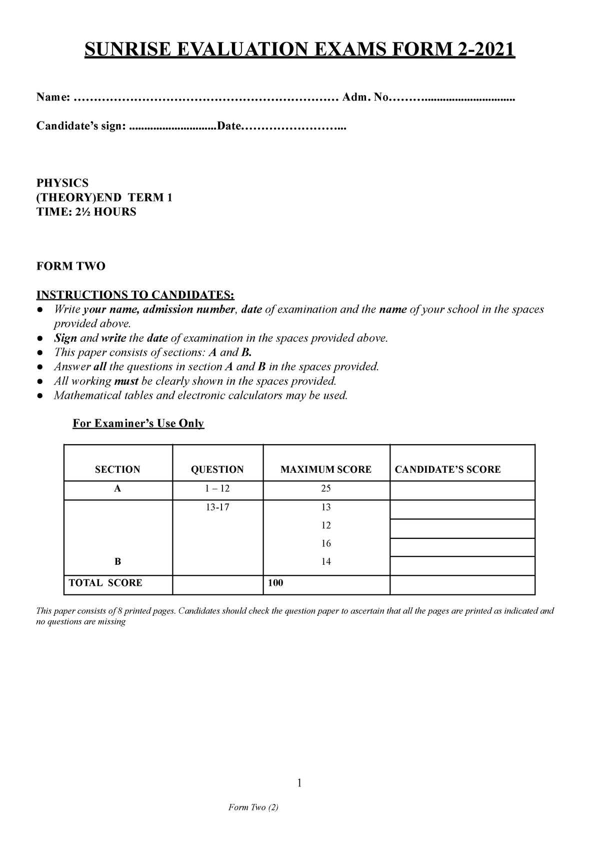 232 F2 Physics QS - for research - SUNRISE EVALUATION EXAMS FORM 2 ...