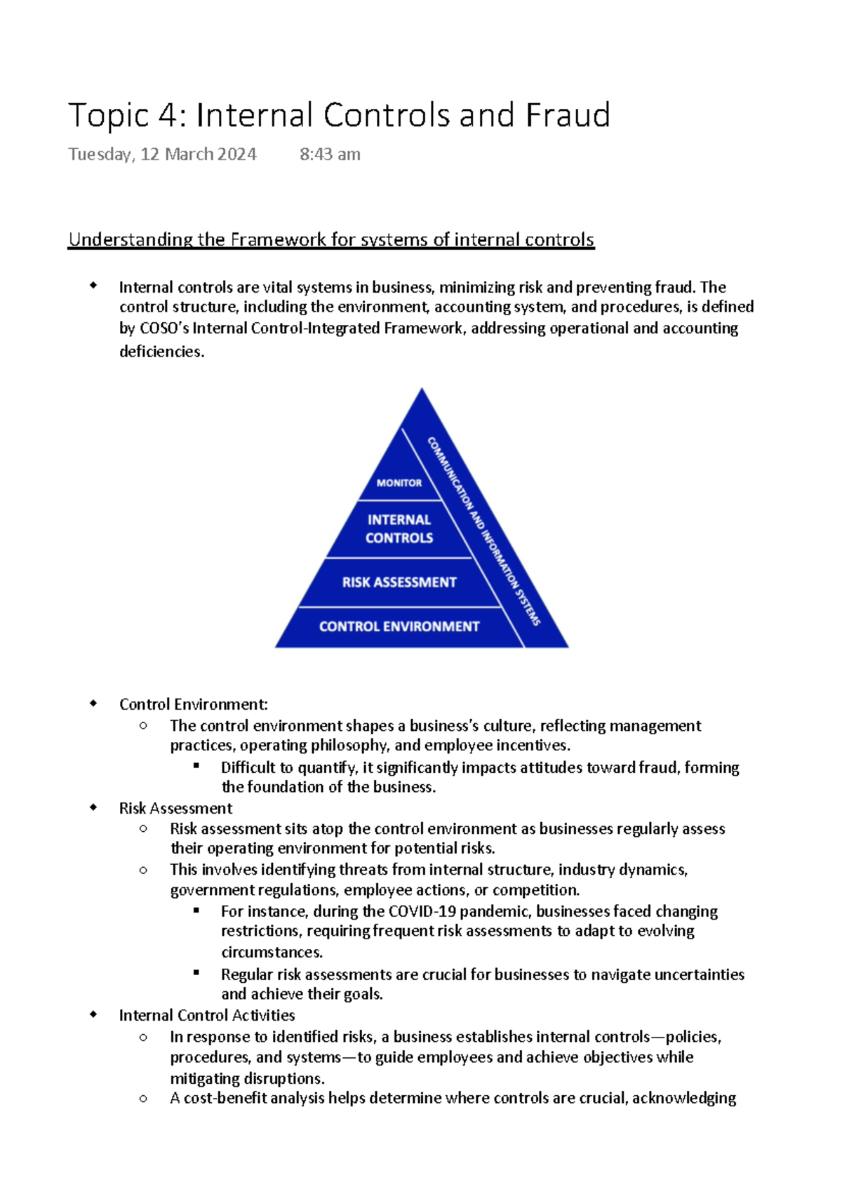 Topic 4 Internal Controls and Fraud - Understanding the Framework for ...
