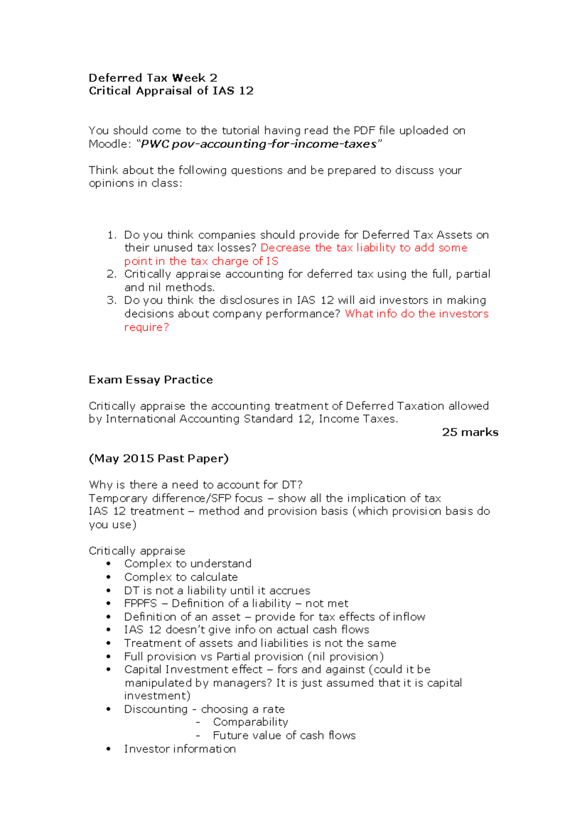 Tutorial 10 - Questions Theory - Deferred Tax Week 2 Critical Appraisal ...