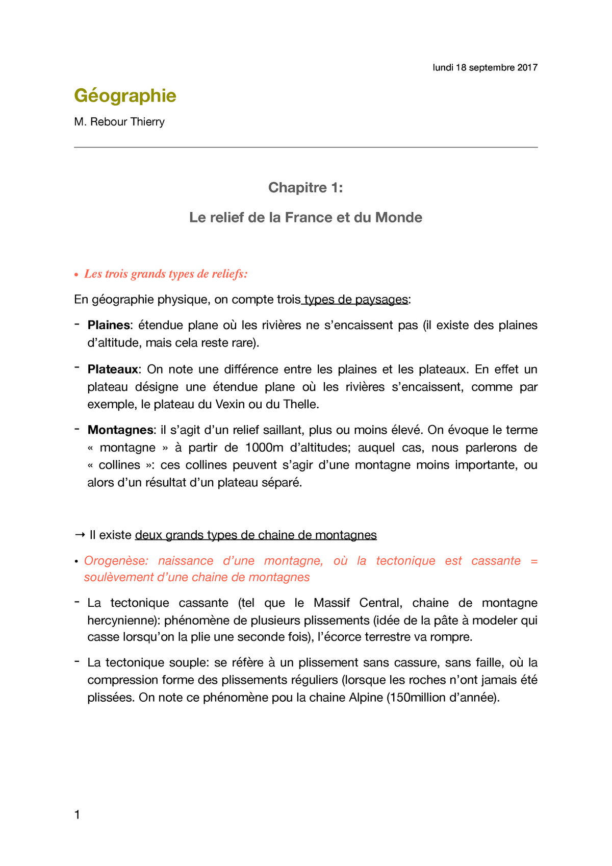 Géographie Cours 1 - Lundi 18 Septembre 2017 Géographie M. Rebour ...