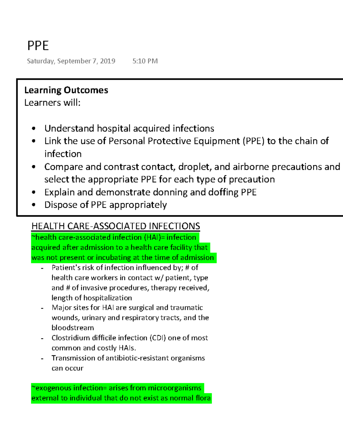 PPE PPE notes Learning Learners will • Understand