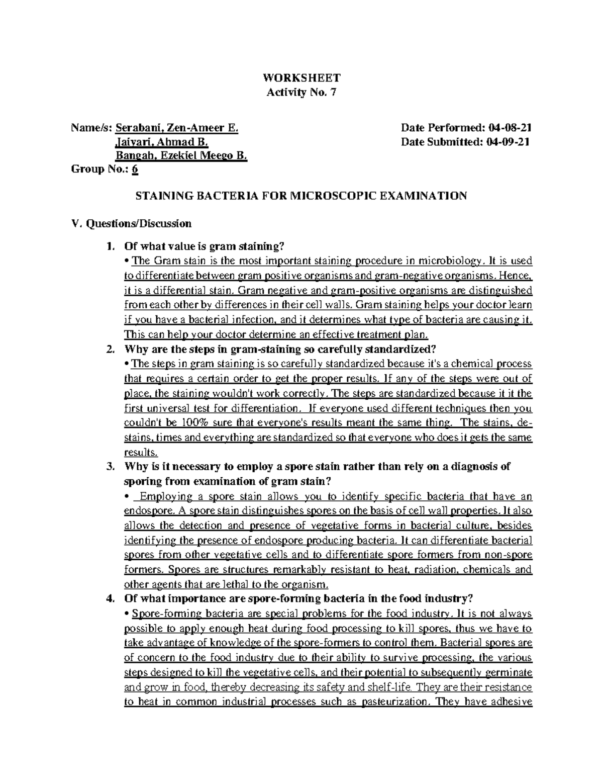 Micro Lab Activity 7 - Bacterial Staining - WORKSHEET Activity No. 7 ...