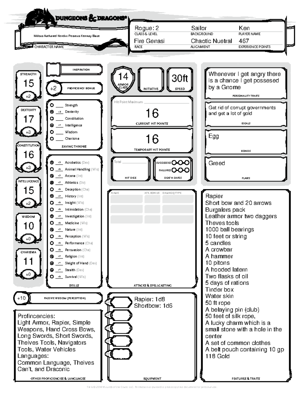 Character Sheet- Kenway Blaze - RACE CLASS & LEVEL PLAYER NAME ...