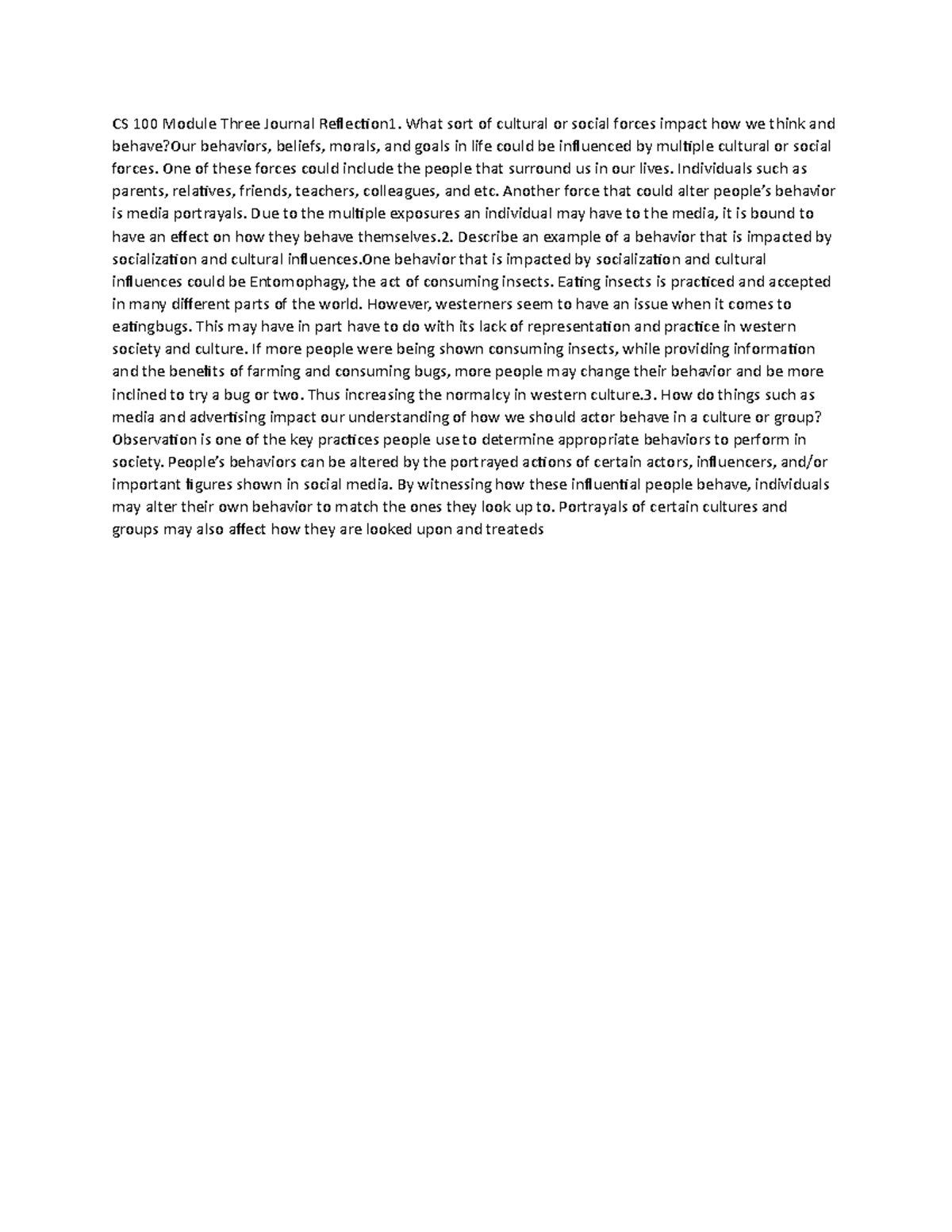 SCS 100 Module Three Journal Reflection Cultural and Social Forces - CS ...