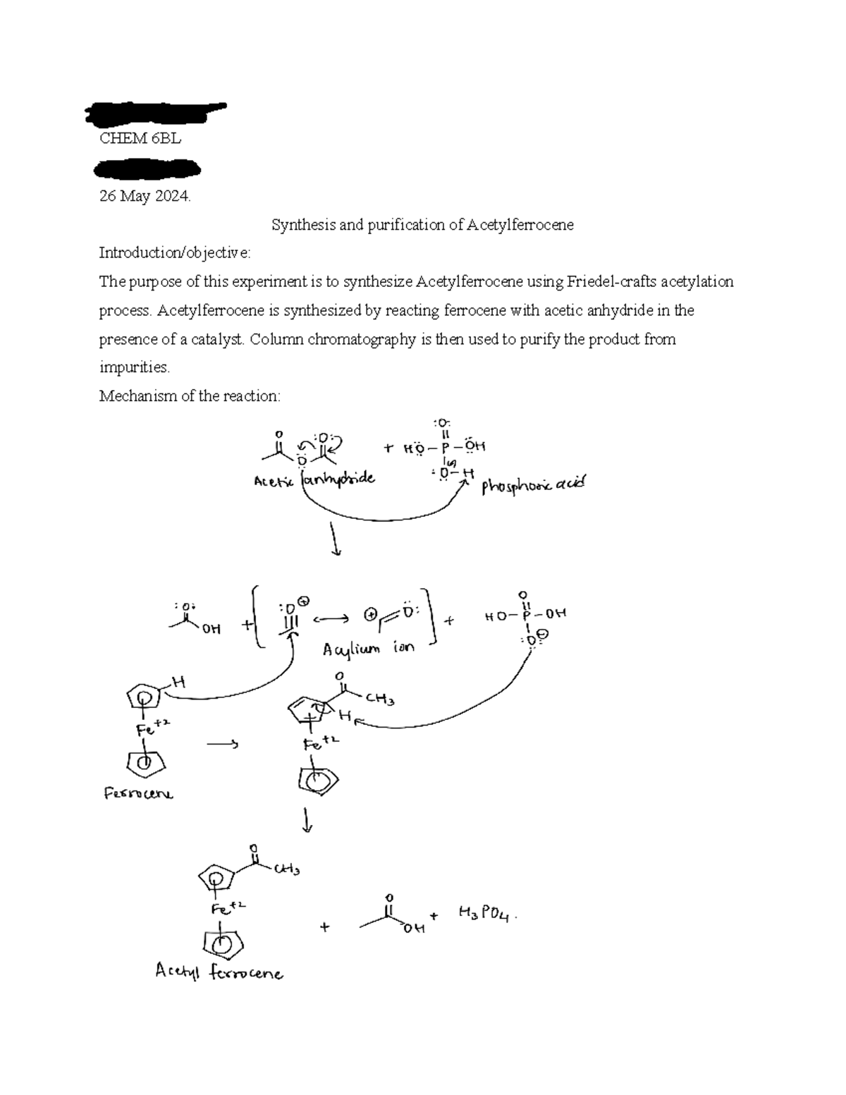 Acetylferrocene lab report Shiny Veernapu CHEM 6BL Katie Frieberg 26