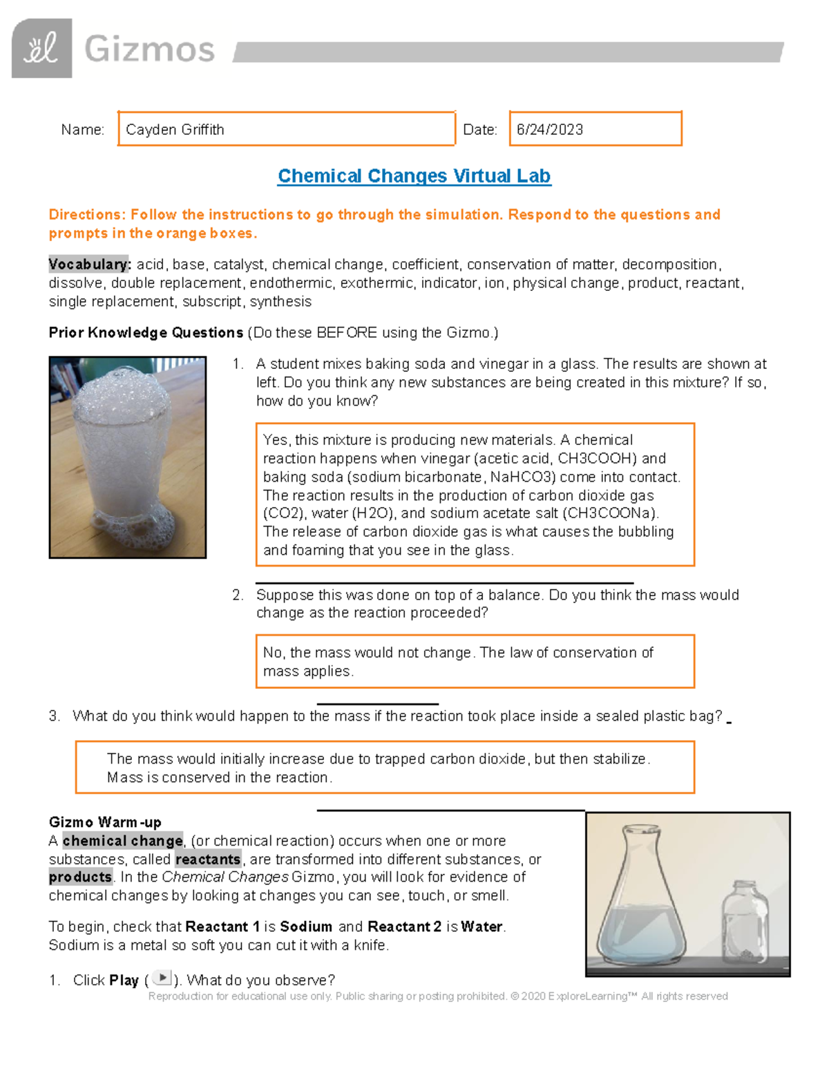 Chemical Changes Virtual Lab Name Cayden Griffith Date 6/24