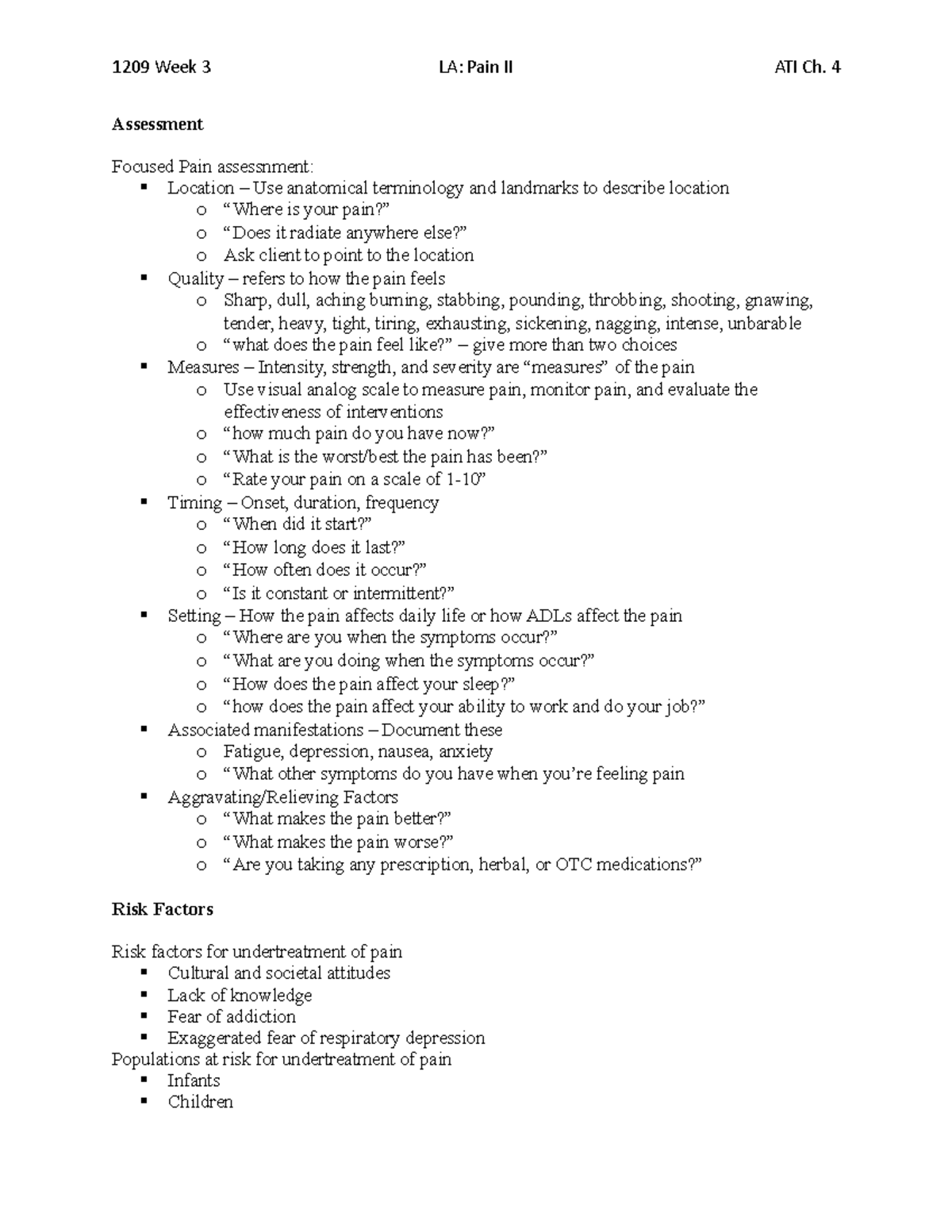 1209 Week 3 - Pain Assessment - Assessment Focused Pain assessnment ...