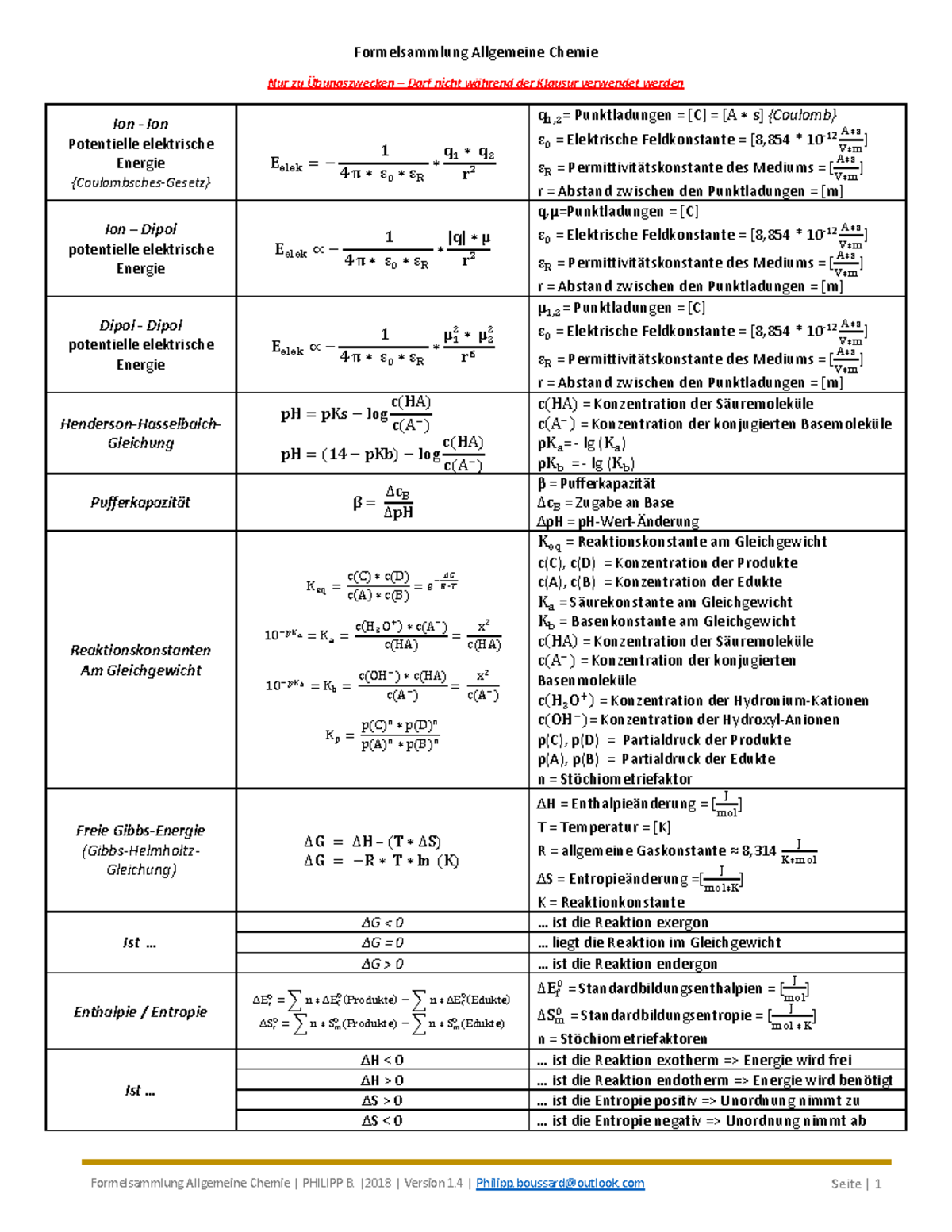 Formelsammlung Allgemeine Chemie - Nur zu Übungszwecken – Darf nicht während der Klausur ...