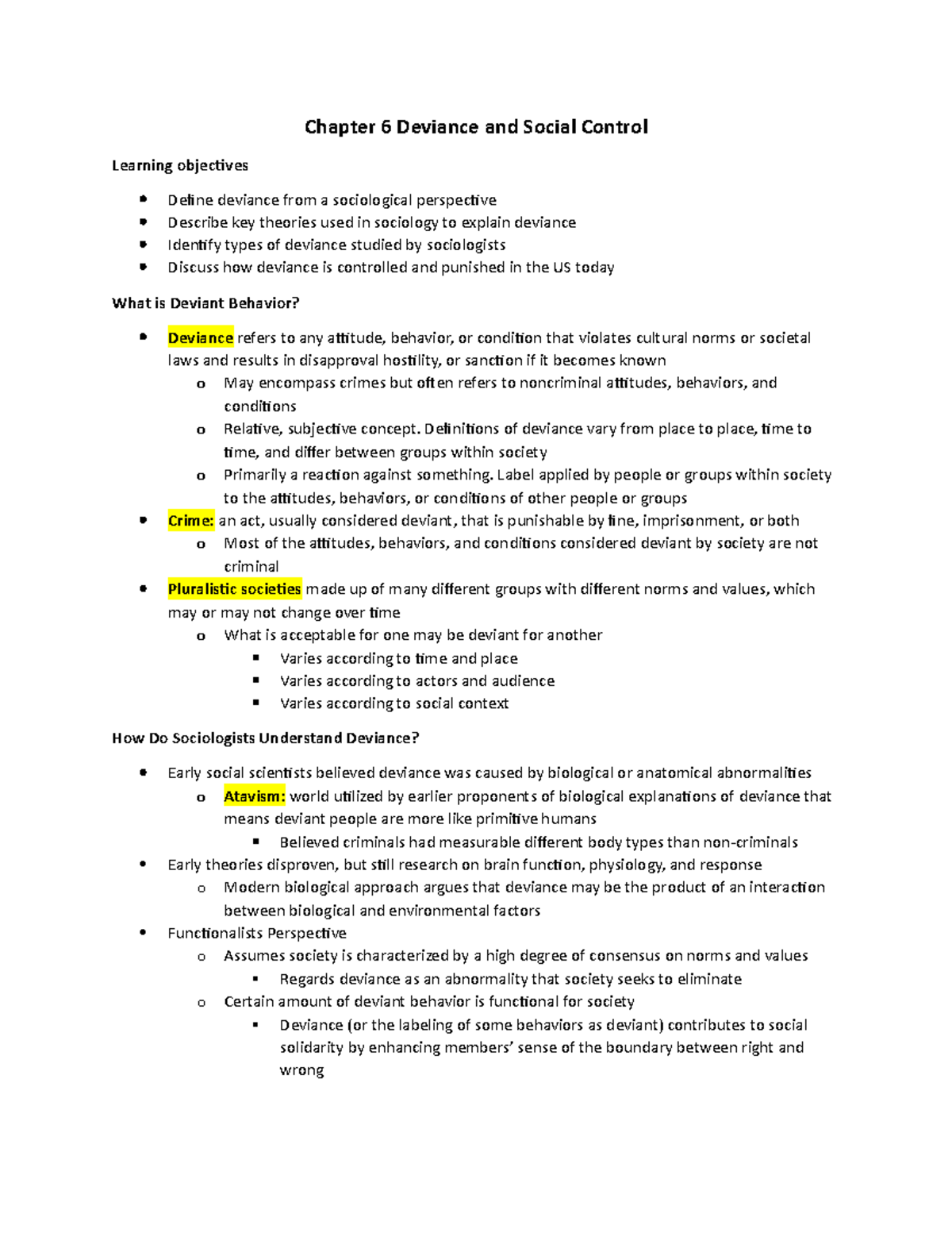 Sociology Chap 6 Notes Deviance And Social Control Chapter 6 Deviance And Social Control 0399