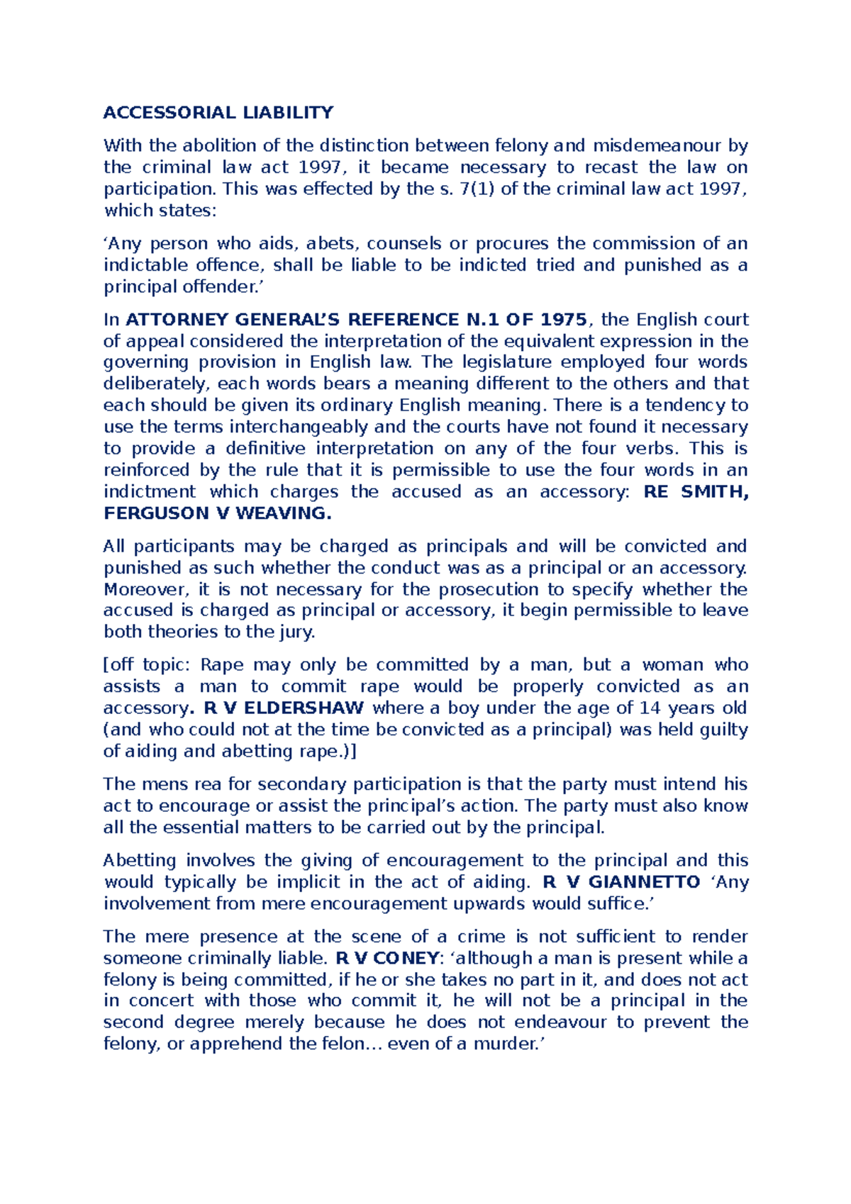 Accessorial Liability fe1 ACCESSORIAL LIABILITY With the abolition of