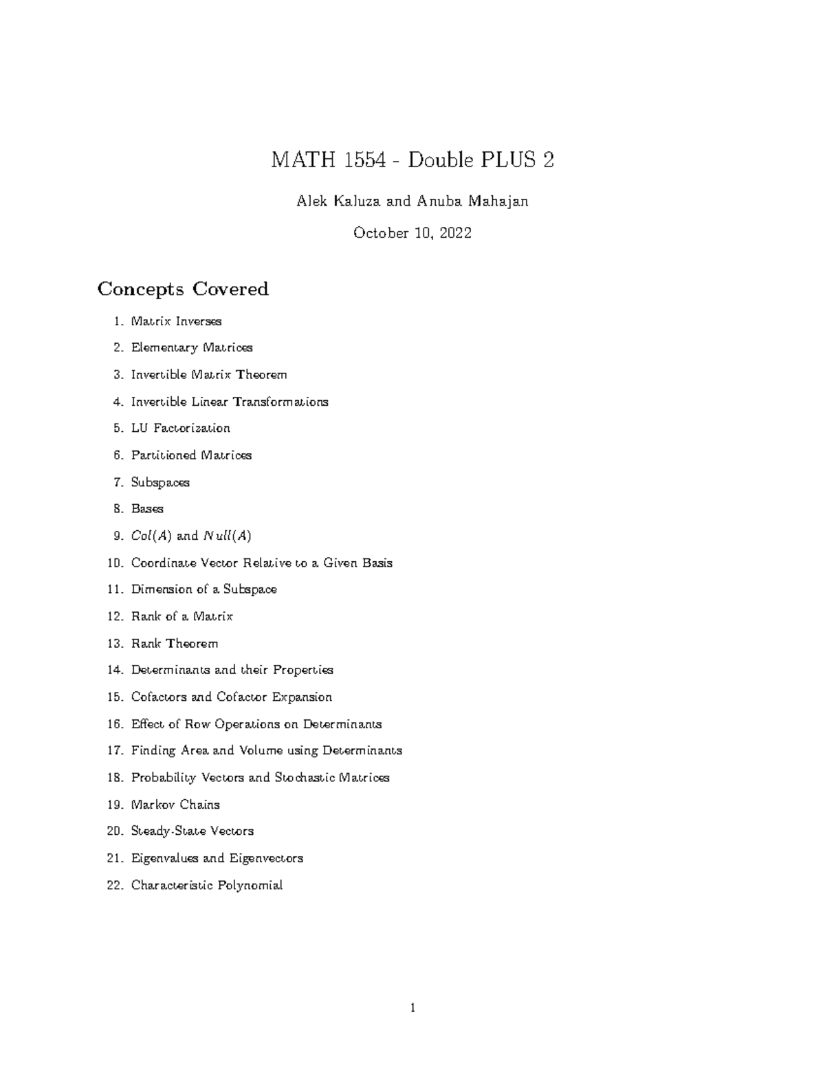 Practice Materials For 1554 - MATH 1554 - Double PLUS 2 Alek Kaluza And ...