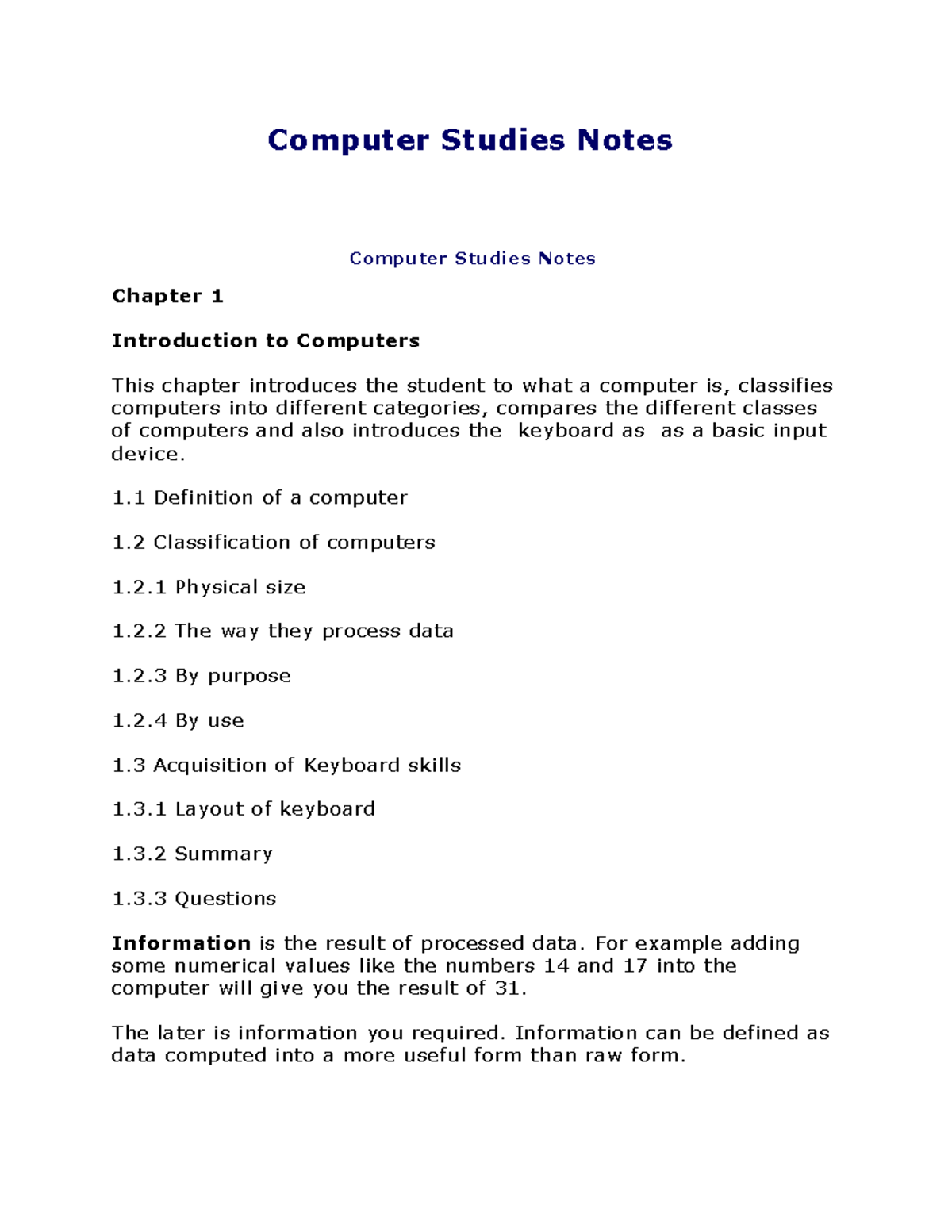 Computer Studies Notes - Computer Studies Notes Computer Studies Notes ...