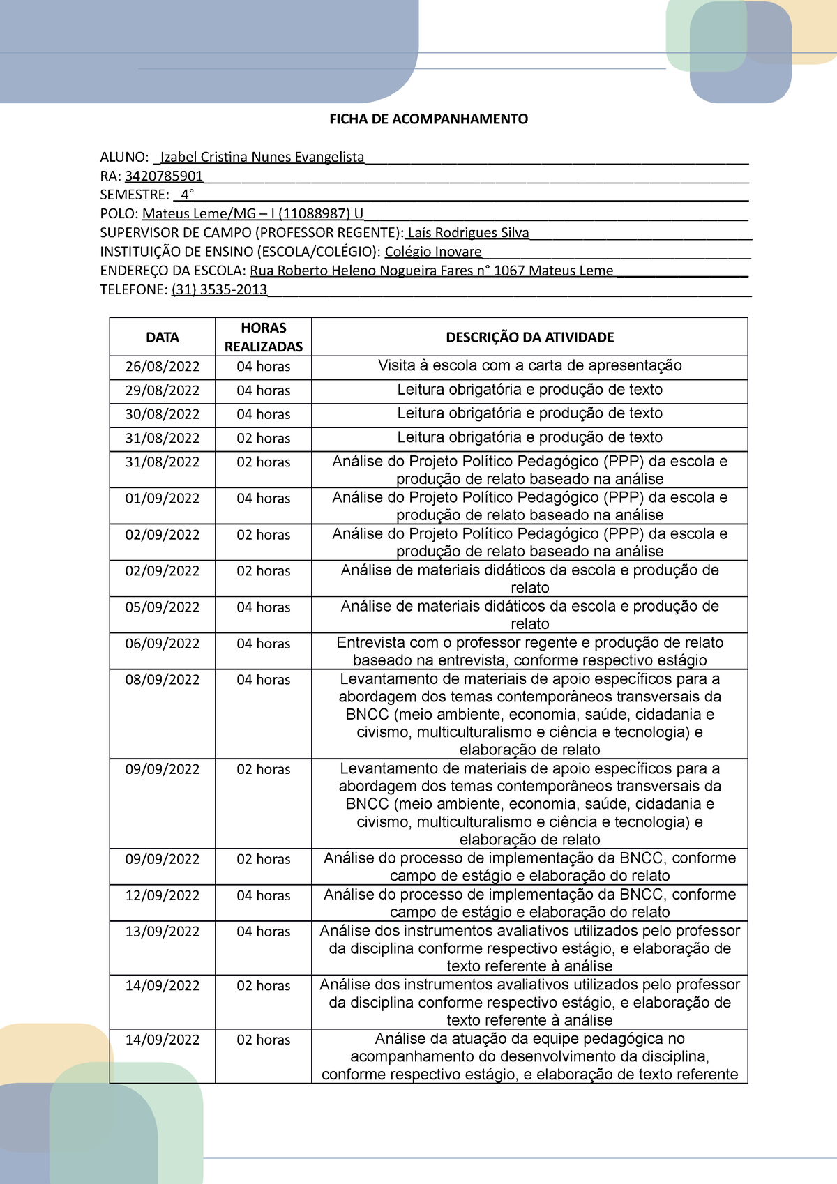 Ficha De Acompanhamento Corrrigida 1 Ficha De Acompan 6013