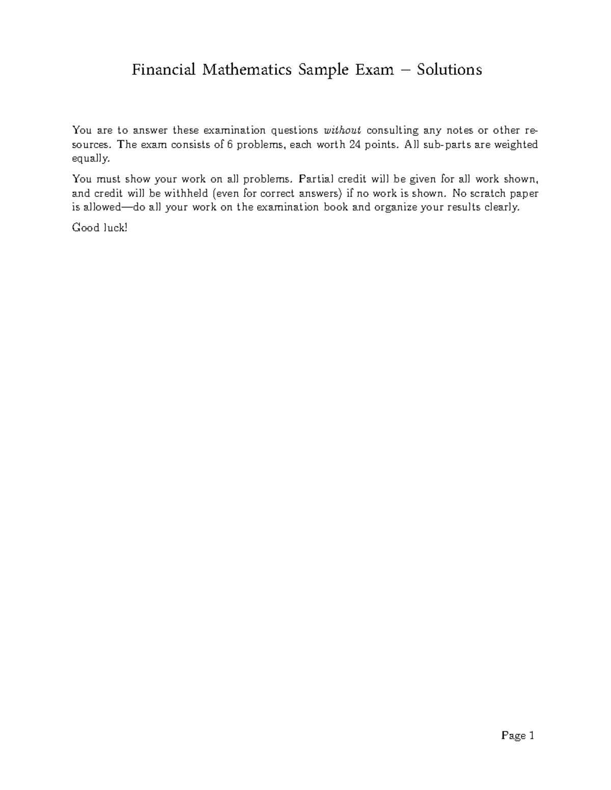 MFin Sample Exam Solution - Financial Mathematics Sample Exam ...