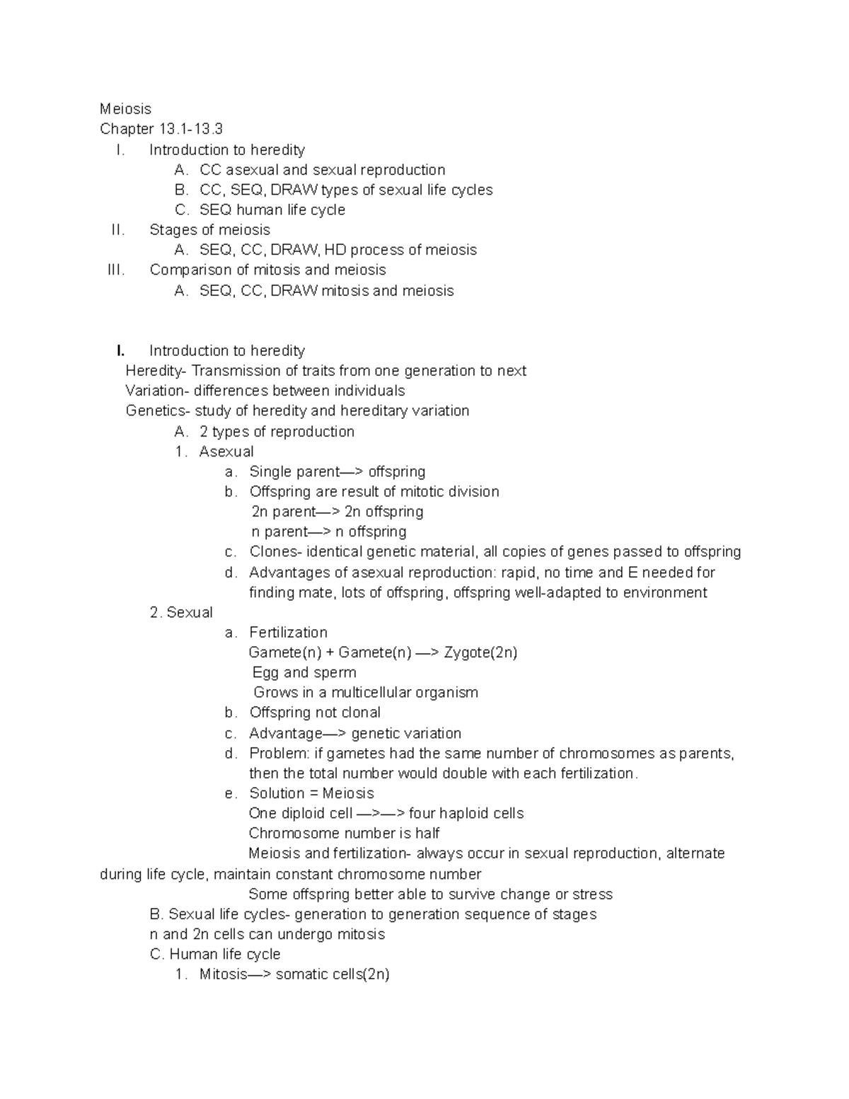 Meiosis - Meiosis Chapter 13-13. I. Introduction to heredity A. CC ...