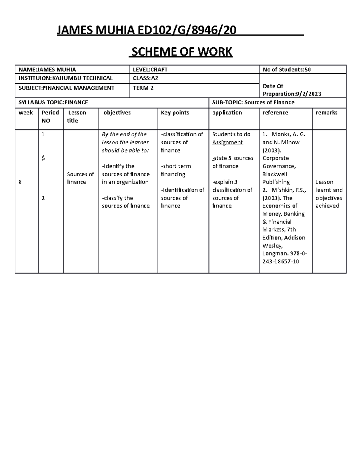 Scheme OF WORK - professa Kirumi Mburu - JAMES MUHIA ED102/G/8946 ...