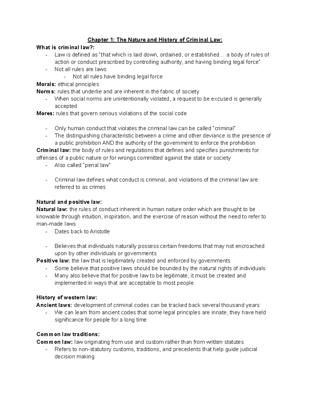 Criminal Law Chapter 1 Notes Chapter 1 The Nature And History Of Criminal Law What Is 