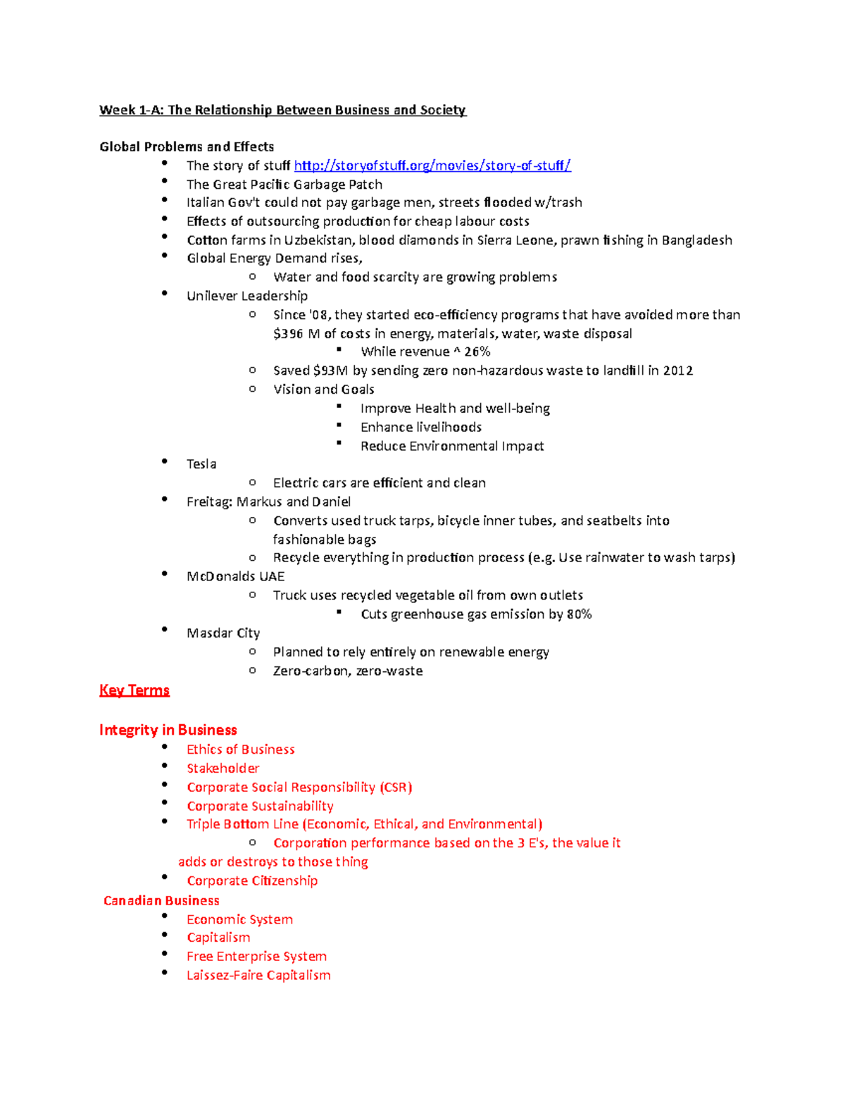 Week 1 adm1301 notes - Week 1-A: The Relationship Between Business and ...