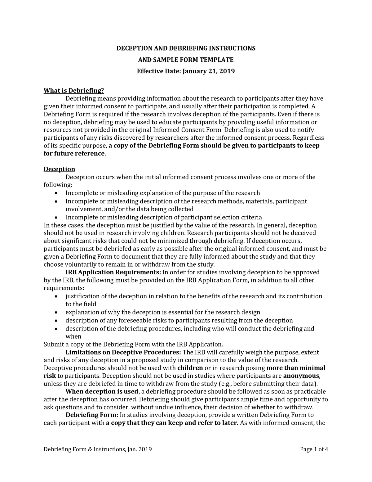 Debriefing Form For Course Deception And Debriefing Instructions And
