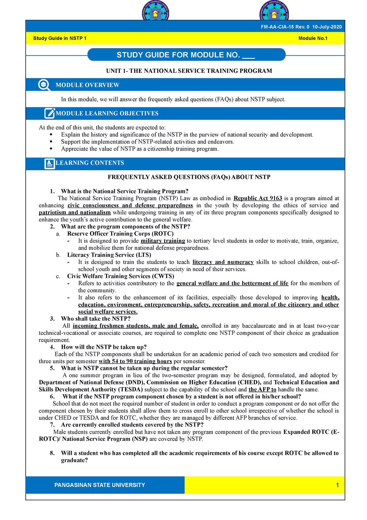 Study Guide 1 FAQs about NSTP - UNIT 1- THE NATIONAL SERVICE TRAINING ...