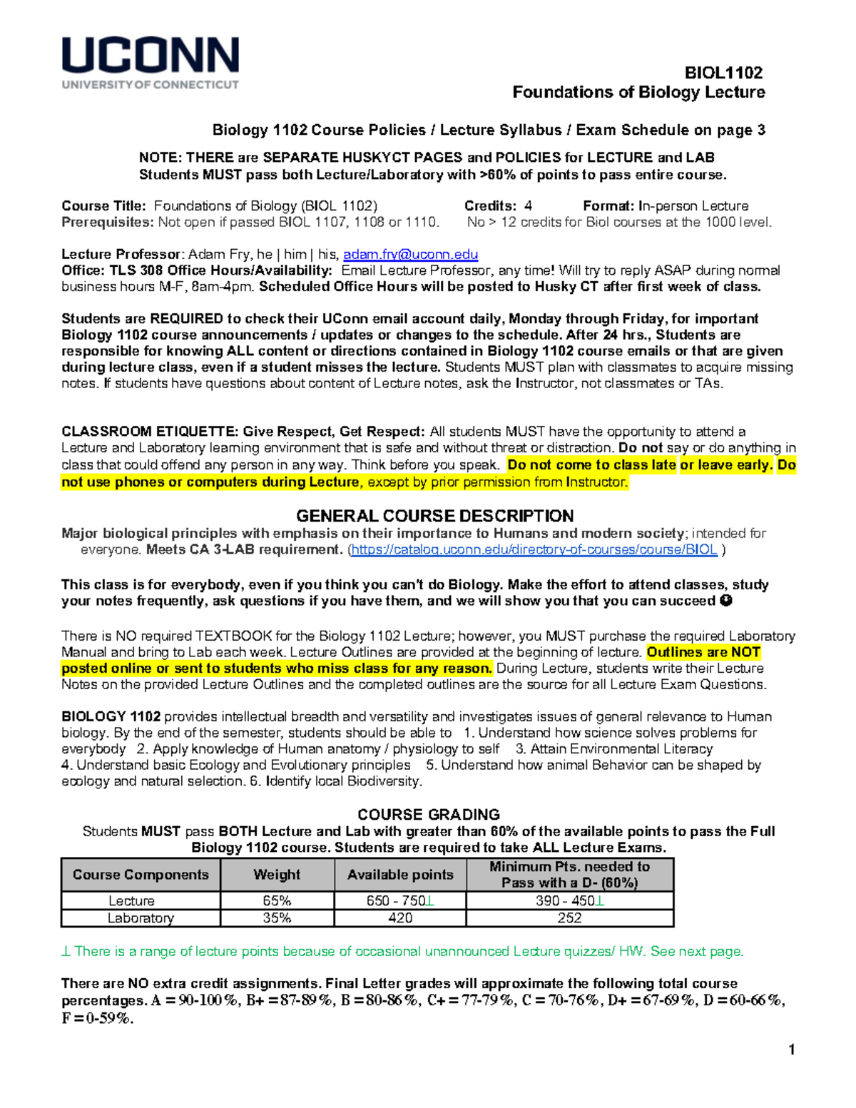 Biology 1102 Adam Fry Syllabus BIOL Foundations of Biology Lecture