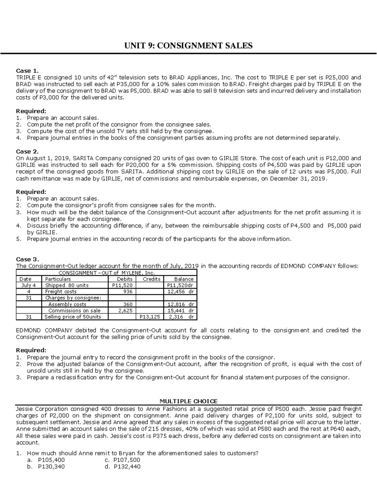 Unit 9 Consignment Sales UNIT 9 CONSIGNMENT SALES Case 1. TRIPLE E