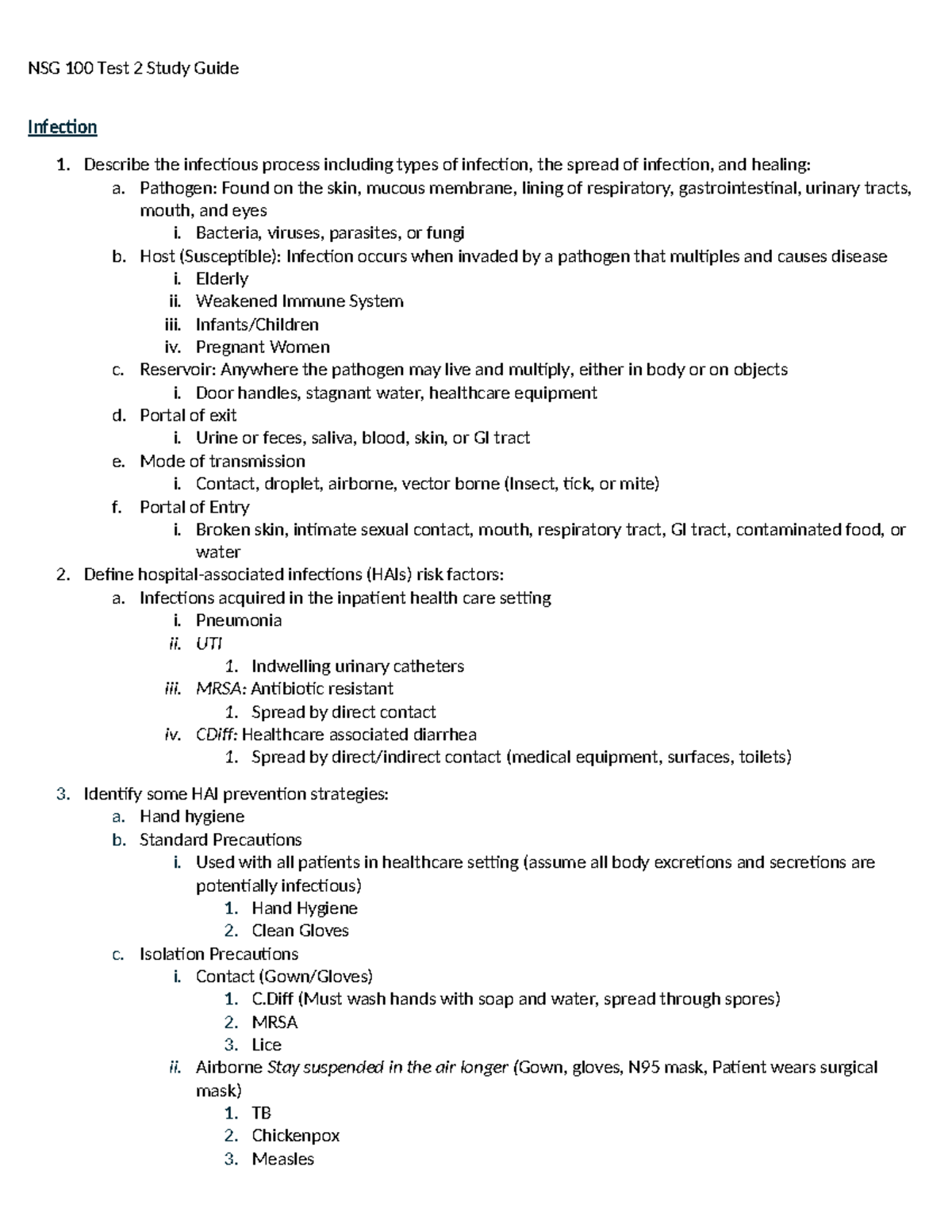NSG 100 Exam 2 Study Guide - Infection 1. Describe the infectious ...