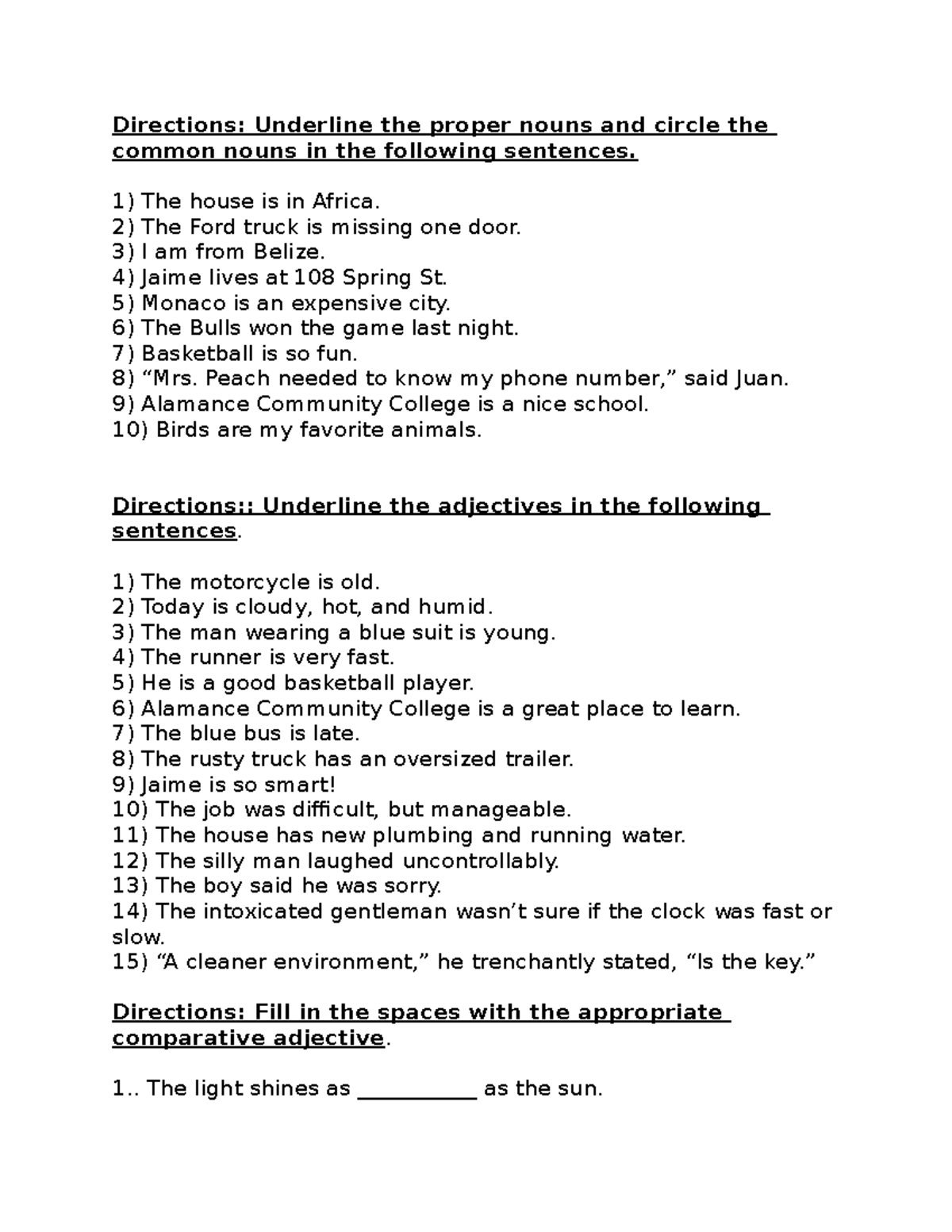 Practice Worksheet on Parts of Speech Directions Underline the