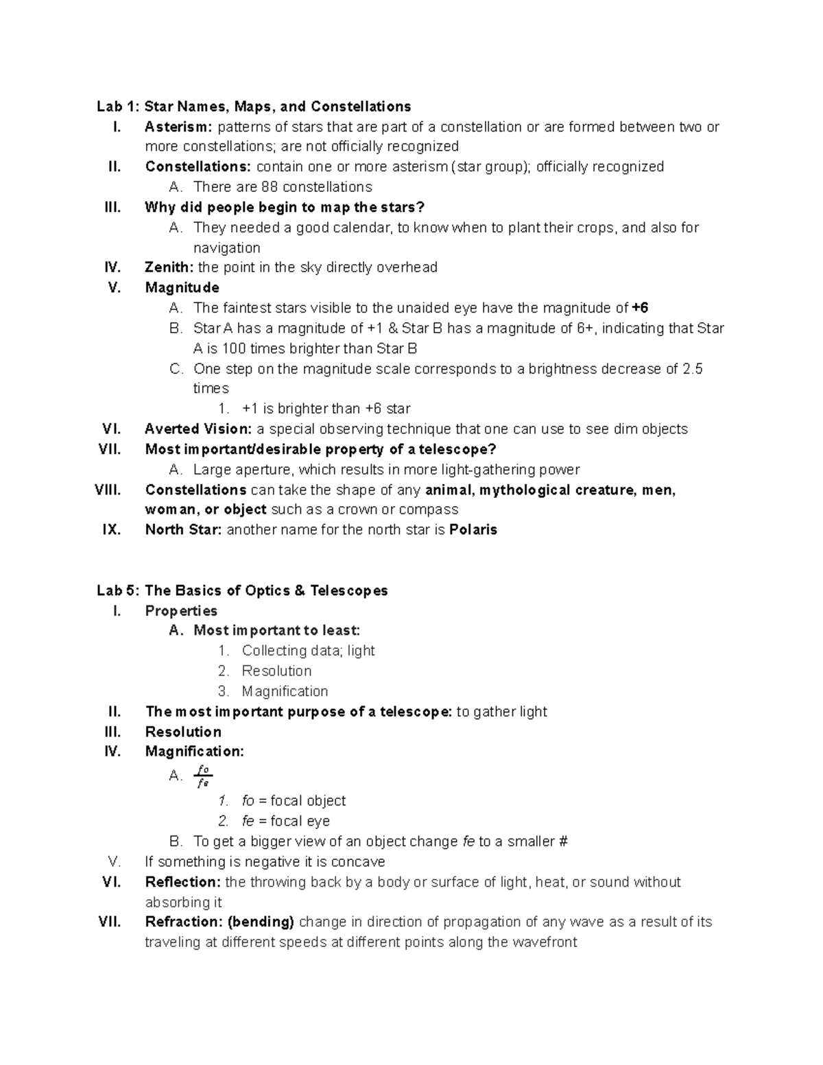 PSCI 21 Lab Notes Lab 1 Star Names, Maps, and Constellations I