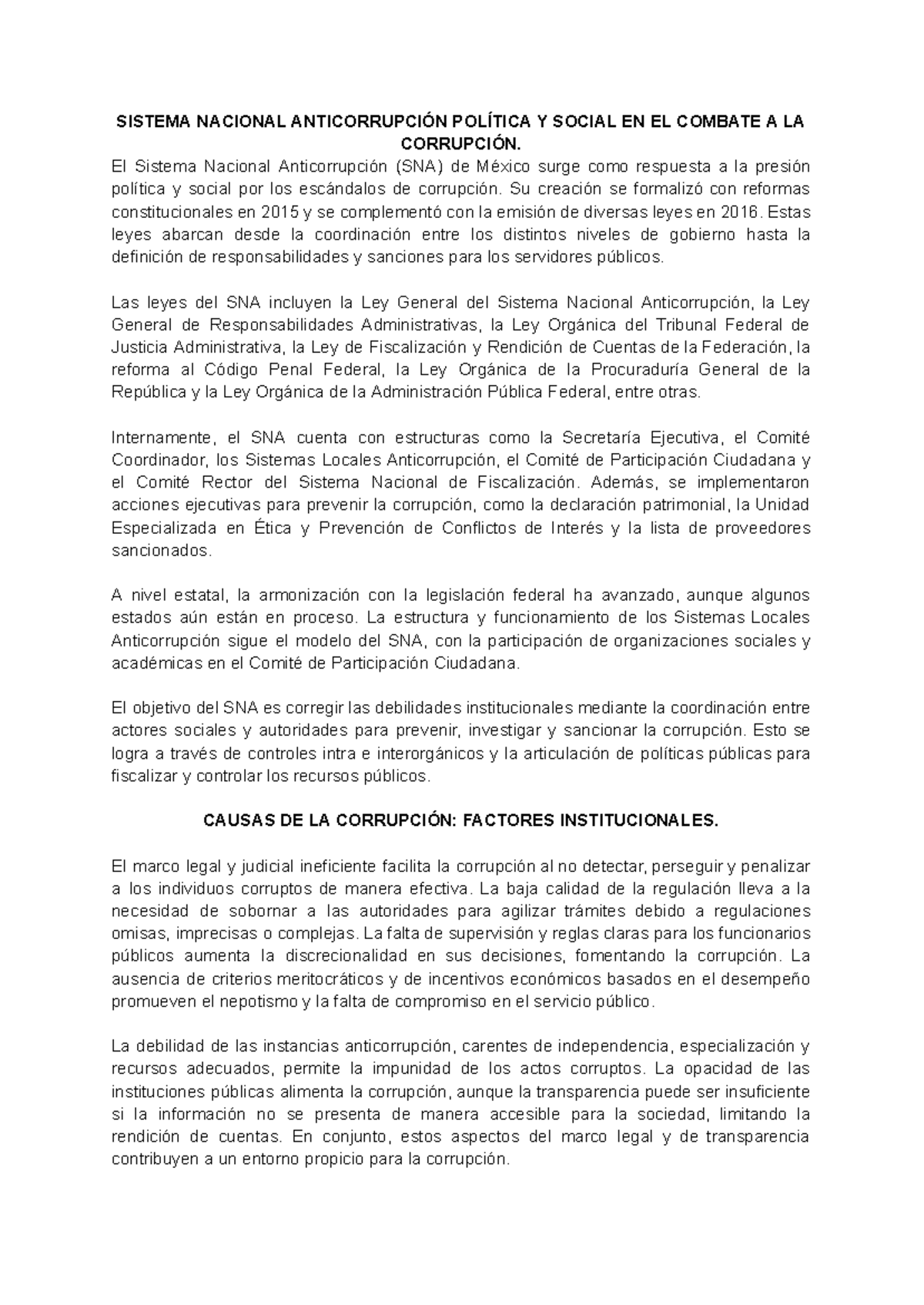 Resumen 2 - SISTEMA NACIONAL ANTICORRUPCIÓN POLÍTICA Y SOCIAL EN EL ...