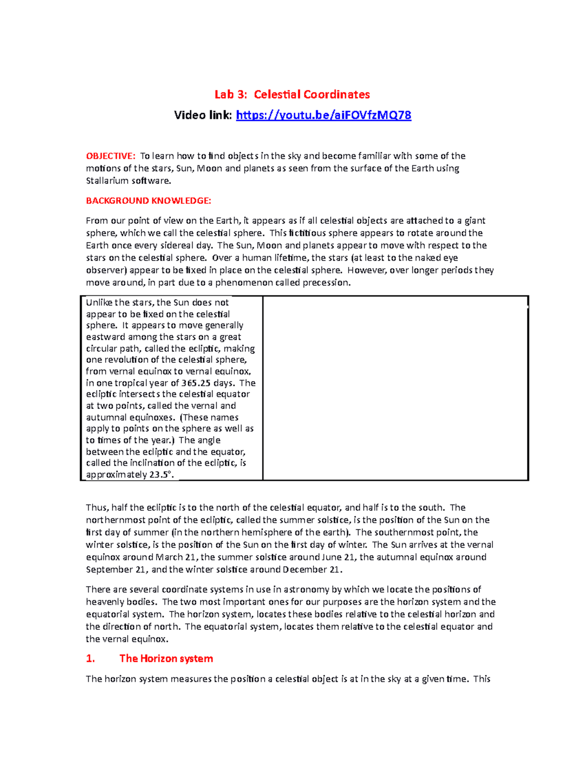 Lab 3 Celestial Coordinates And Star Maps 1 Lab 3 Celestial