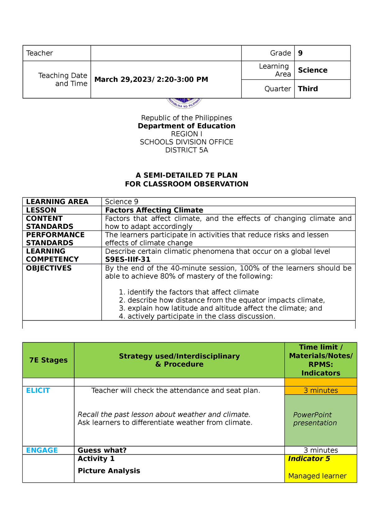 Dlp Science Third Quarter Climate Teacher Grade 9 Teaching Date And Time March 292023 220 3 3399