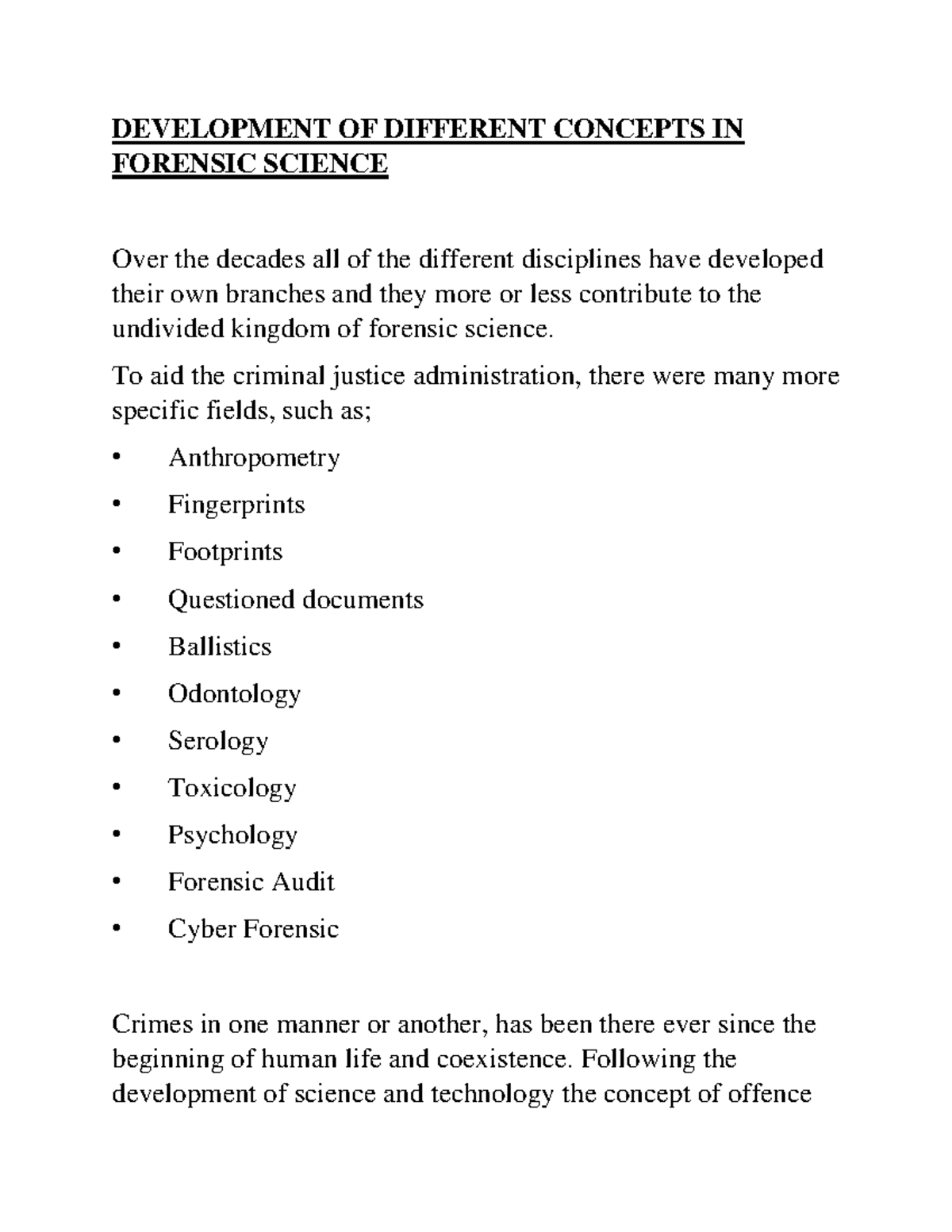 Concepts in Forensic Science - DEVELOPMENT OF DIFFERENT CONCEPTS IN ...