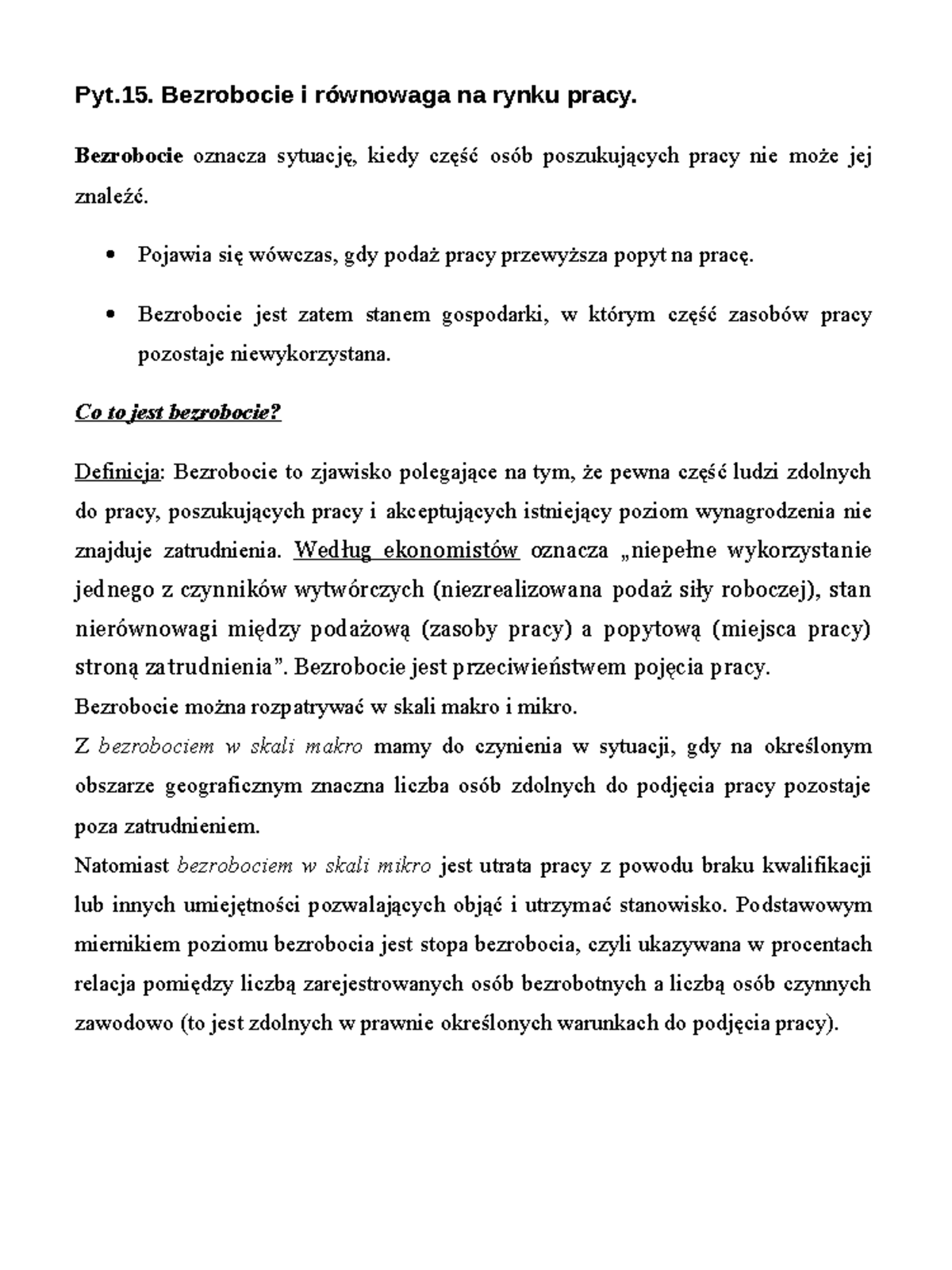 Pyt.15. Bezrobocie I Równowaga Na Rynku Pracy - Pyt. Bezrobocie I ...