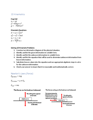 Physics Notes Sheets - 1D Kinematics Free Fall 𝑣𝑓 = 𝑔𝑡 𝑦 = 0. 5 𝑔 ×  𝑡 2 𝑔 = − 9. 8 𝑚/𝑠 2 Kinematic - Studocu