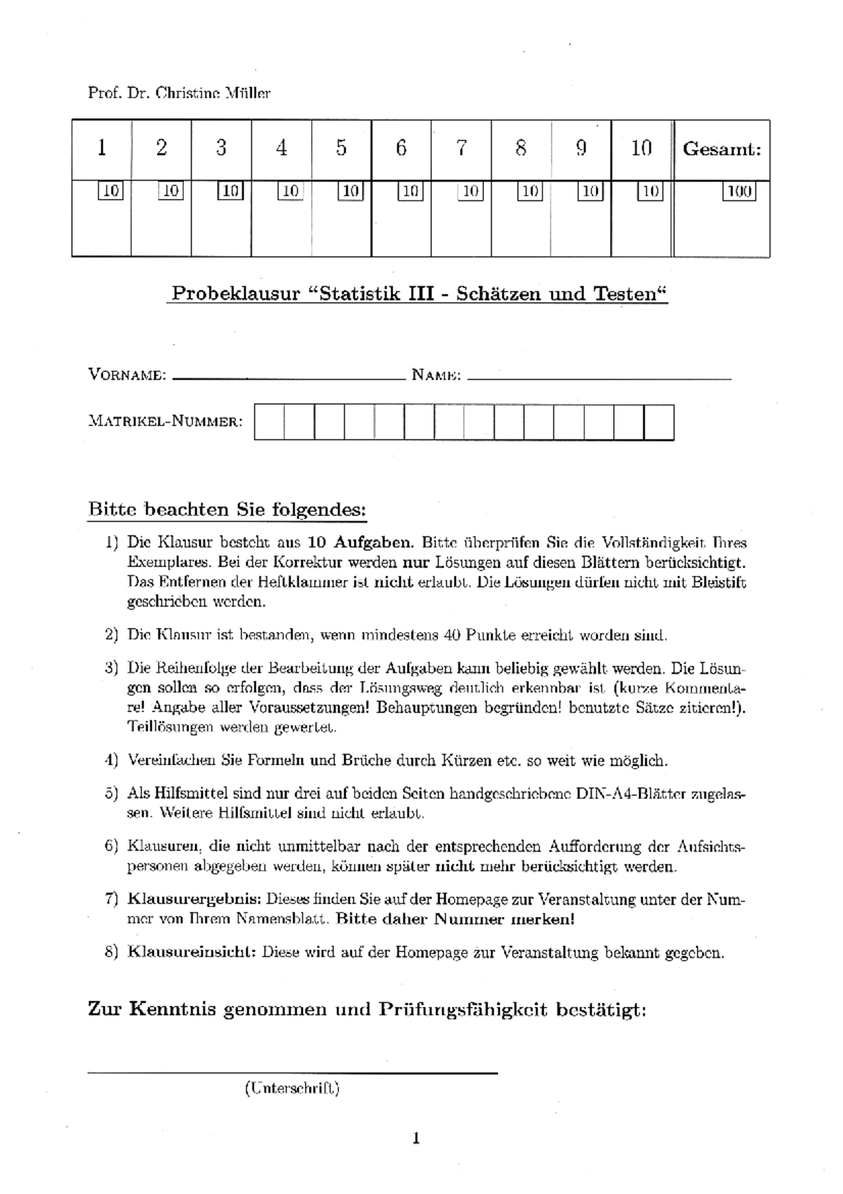 Statistik III - Probeklausurlösung - 2015 - Statistik III: Schätzen und ...
