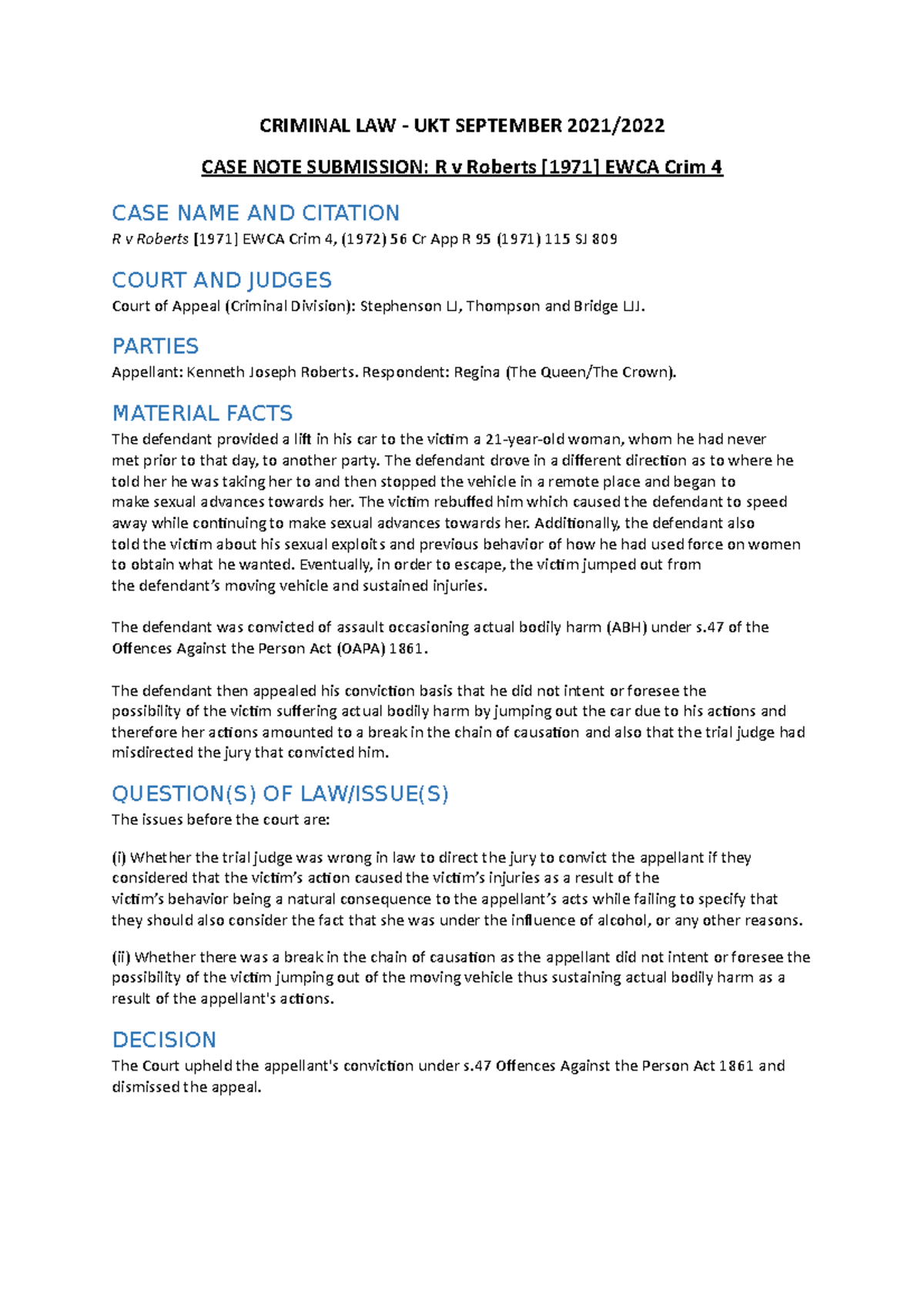 Case Note Summary - R v Roberts [1971] EWCA Crim 4 - CRIMINAL LAW - UKT ...