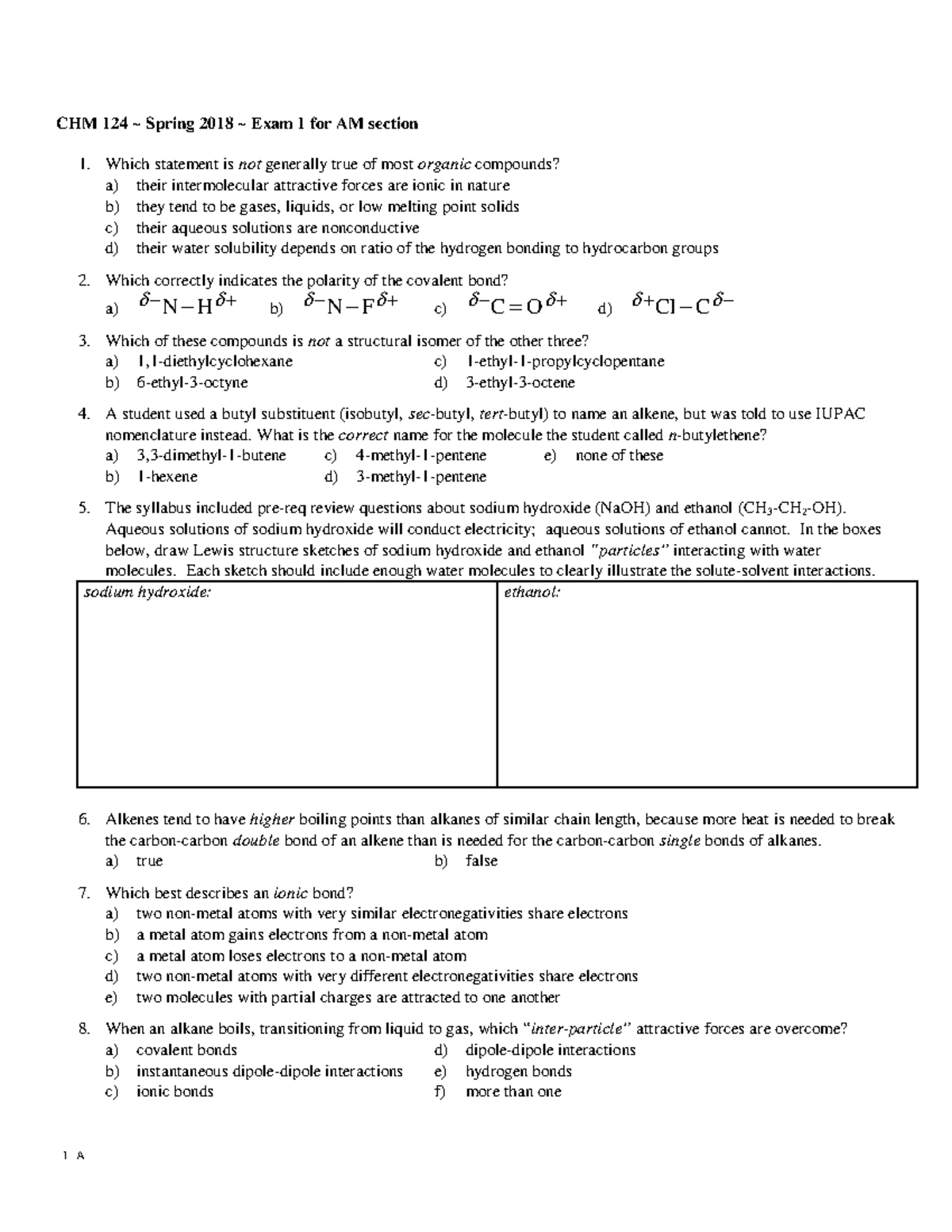 Exam 1 Ver A Spr 2018 - Old Exam 1 From 2018 Solutions. - CHM 124 ...