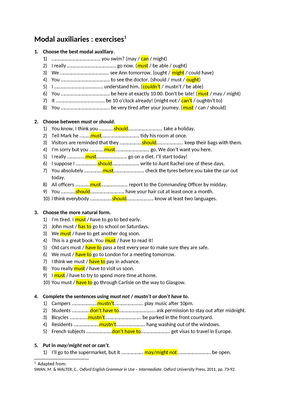 Modal auxiliaries exercises KEYS - Modal auxiliaries : exercises 1 ...