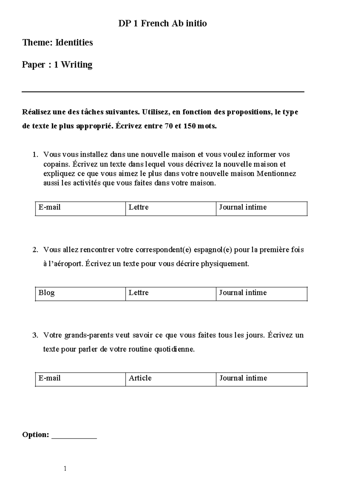 DPFrench Abinitiowriting FA-1 - DP 1 French Ab initio Theme: Identities ...