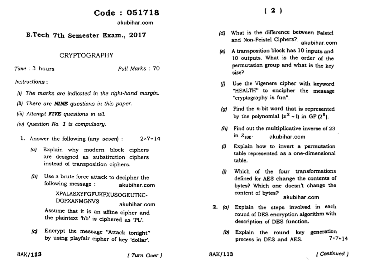 Btech Cse 7 Sem 2017 - Question Paper - Cryptography And Network ...