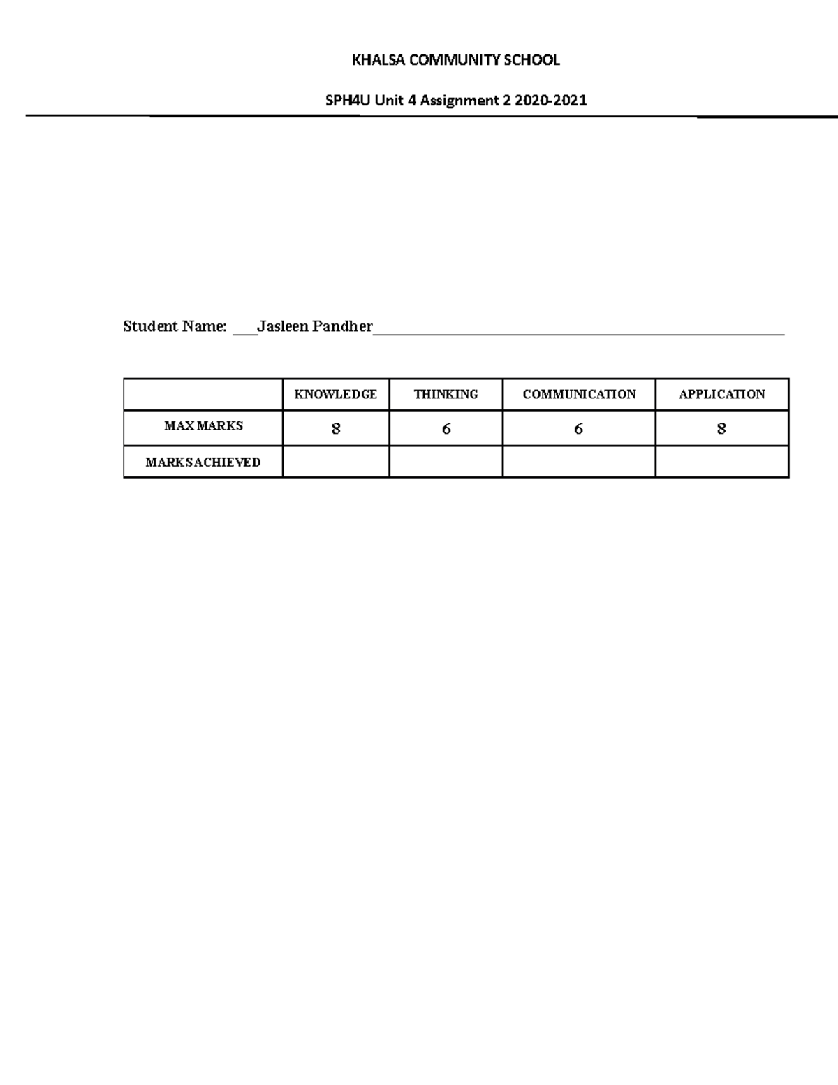 SPH4U Unit 4 Assignment 2 2020-2021 - SPH4U Unit 4 Assignment 2 2020 ...